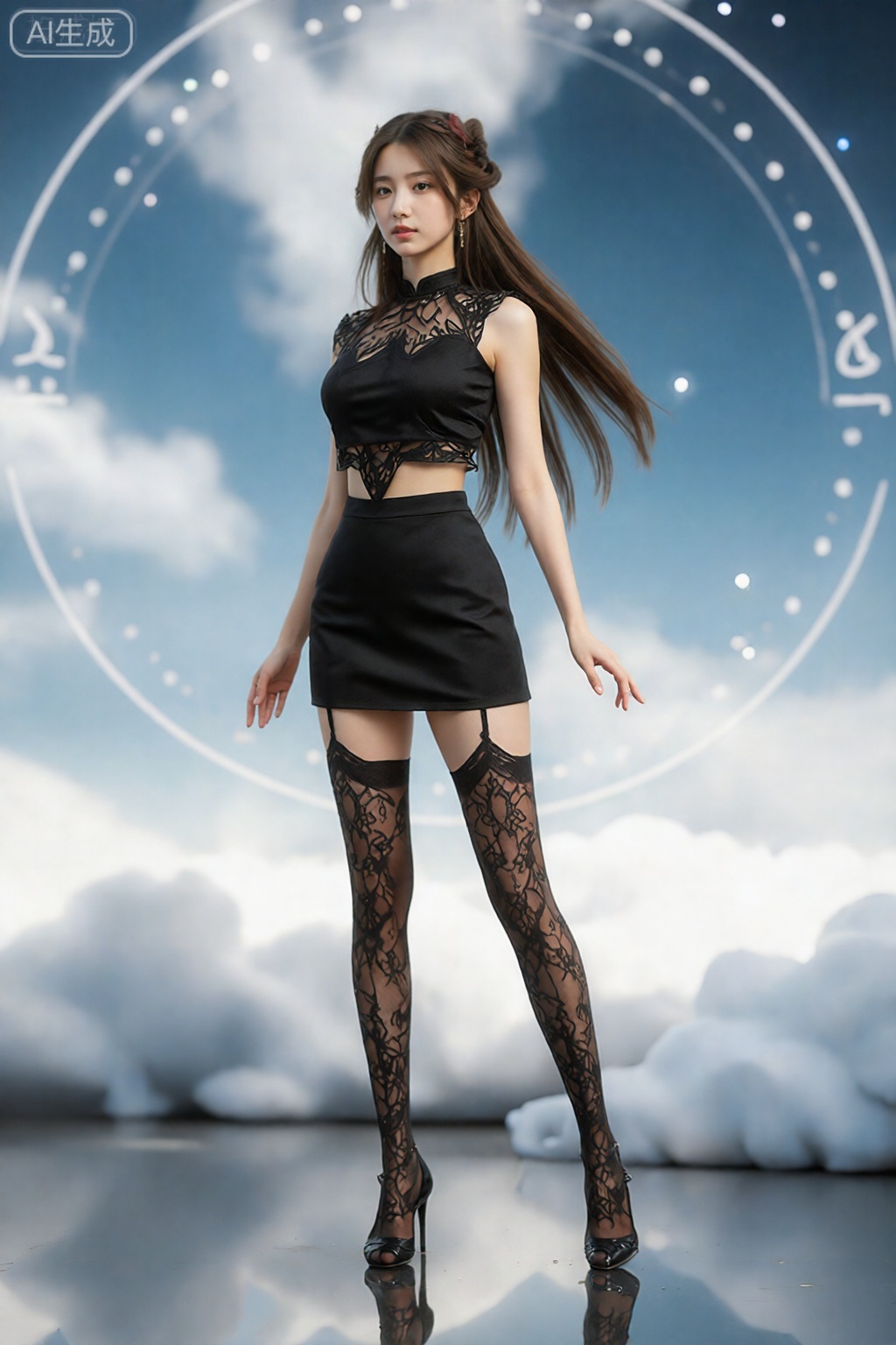 图像中,一位女士在梦幻般的天体背景下以充满活力的姿势站立,她有一头又长又直的深色头发,穿着一件黑色蕾丝边短袖高领短上衣,搭配配套的黑色迷你裙,她的腿上穿着黑色蕾丝花卉图案长筒袜,脚穿黑色高跟鞋,背景由柔软,蓬松的浅蓝色和白色云彩组成,点缀着明亮的星状光点,她身后可见发光白色线条的圆形图案,增添了未来感或宇宙元素,她下方的反光表面反映了她的身材和周围的灯光效果,增强了空灵的氛围,整体构图将时尚与超现实,超凡脱俗的美学融为一体,火灵儿