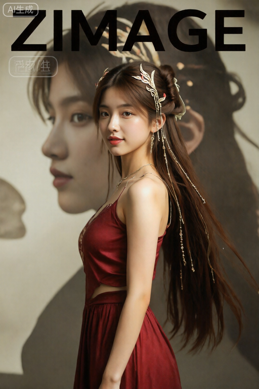 超现实的温暖电影全身拍摄摄影,柯达专业波特拉160,1女孩,looking_at_wiewer,,,善良的微笑,。短上衣和裙子,,,逼真,,拍照姿势,动态姿势,真人皮肤纹理,神圣风格,神圣风格,杂志封面的下半部分展示了一幅令人着迷的图像：Zimage以醒目的字体印在顶部,而这位具有超凡脱俗本质的神秘年轻女子则占据了画面。通过35mm f/2.0广角镜头拍摄,她甜美的头发在脸上倾泻而下,被柔和的光芒照亮,让人想起附近花朵的温柔抚摸。一朵精致的白色花朵装饰着她的耳朵,它的花瓣展开了小小的翅膀。她大胆的红唇似乎掩盖了隐藏的真相。在树皮微妙的纹理衬托下,她站在侧面轮廓中,这是一种抽象的构图,散发着神秘和安静的内省,背景是旋转的纸雕图案。, 


一女性,,火灵儿,棕色头发,发饰,红色裙子