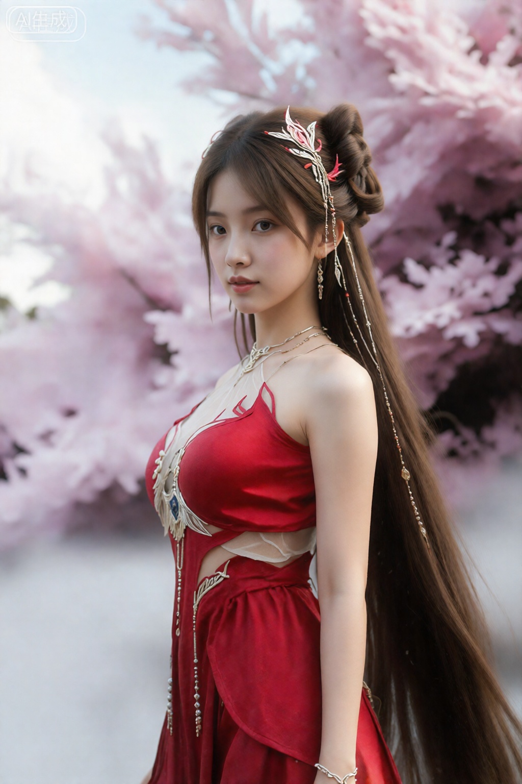 一女性,,火灵儿,棕色头发,发饰,红色裙子