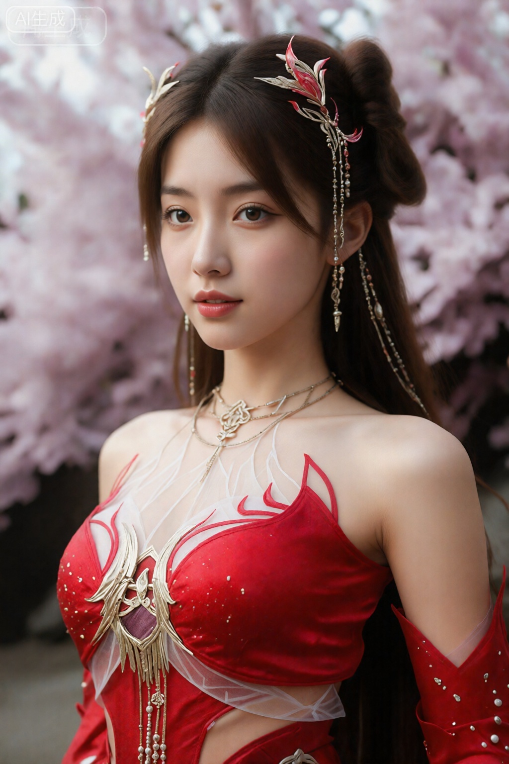 一女性,,火灵儿,棕色头发,发饰,红色裙子