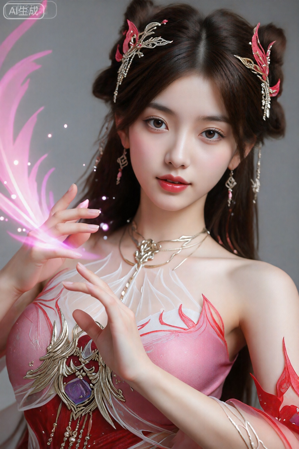 一位人物身着带有金色花纹与粉色宝石装饰的浅色系服饰,长发呈现出红粉渐变的色彩,发间点缀着羽毛与宝石结合的发饰,佩戴着粉色的耳坠。她的双手做出施展魔法的姿态,周围环绕着粉色的光芒、发光的羽毛与星形元素,背景是充满奇幻感的粉色光晕,整体画面营造出神秘且充满魔法气息的氛围洁白如雪的干净无暇皮肤,佩戴银色金属质感的繁复华丽苗族银饰,身着金红流体服饰,周围有无数透明水质感螺旋线条,背后是干净简洁的纯色背景。超现实人像绘画,特写,低角度强镜头畸变,镜头炫光,赛博风、未来感、意识流、科幻风格。

朦胧、圣洁、神圣、丧、压抑、压迫感氛围,银色金属质感、低饱和、梦幻感、玻璃质感、瓷制感、高级、朦胧美、磨砂肌理、笔触感、肌理感写实、野兽派、弥散渐变、扭曲感、自然动态、充满张力的构图,注重人物能力的特效和粒子效果,透视感强烈,灰色红色配色,真实电影概念图,4K,高清晰,嘴唇油光水润,皮肤高光,画面发光,超高清高品质高质量佳作,画面清晰,先进光线捕捉技术,专业后期处理优化,超越游戏引擎的渲染精度,真实细腻的皮肤质感,大师级影视级图像标准,超写实,真实渲染,真实光影。

高光反光白皙皮肤,明亮感,妖艳,魅惑,冷色系,活体感,HDR,立体感,3D渲染,虚拟引擎超清渲染,消除一切影响清晰度的不良因素,最佳光影效果,妖媚凤眼含光流动,根根分明的纤长睫毛,高饱和水光唇釉,30000k超清肌肤粒子纹理细腻/真实肤质透光泽感,3D,超清细节：肌肤毛孔、肌肤绒毛、唇纹清晰可见,眼波流转。用最先进的技术降噪消锯齿抗模糊将作品做到极致超清。

浓妆艳抹烈焰红唇,肤白貌美,黑发飘逸凌乱,嘴角微扬,精致妆容,大眼,眼线,睫毛,黑色宝石耳环,咖项链,咖宝石手链,888k超高清分辨率,冷色调暗光背景,眼部高细节,超高清肌肤雪白瓷白光超高细节,极致超高清的夸张手法设计美,胸前超高清细节勾勒描绘。.,  ,火灵儿