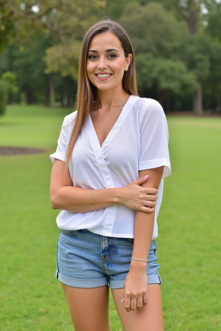 3/4 body photo,  front view of a woman in her mid 20s,  wearing shorts and a blouse in the park on Tensor.Art