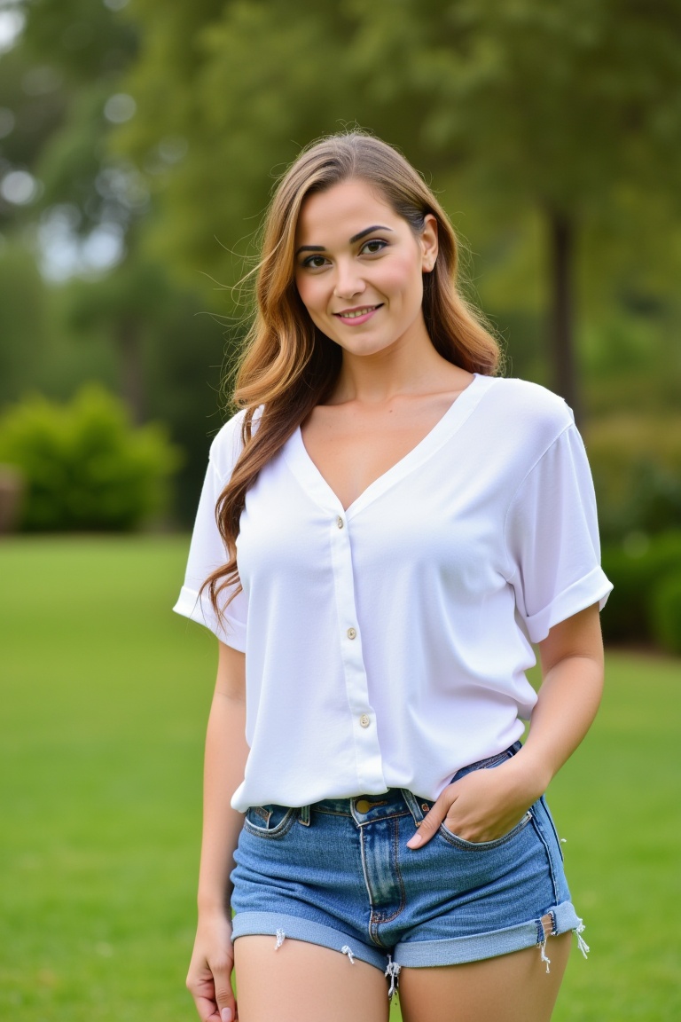 3/4 body photo,  front view of a woman in her mid 20s,  wearing shorts and a blouse in the park on Tensor.Art
