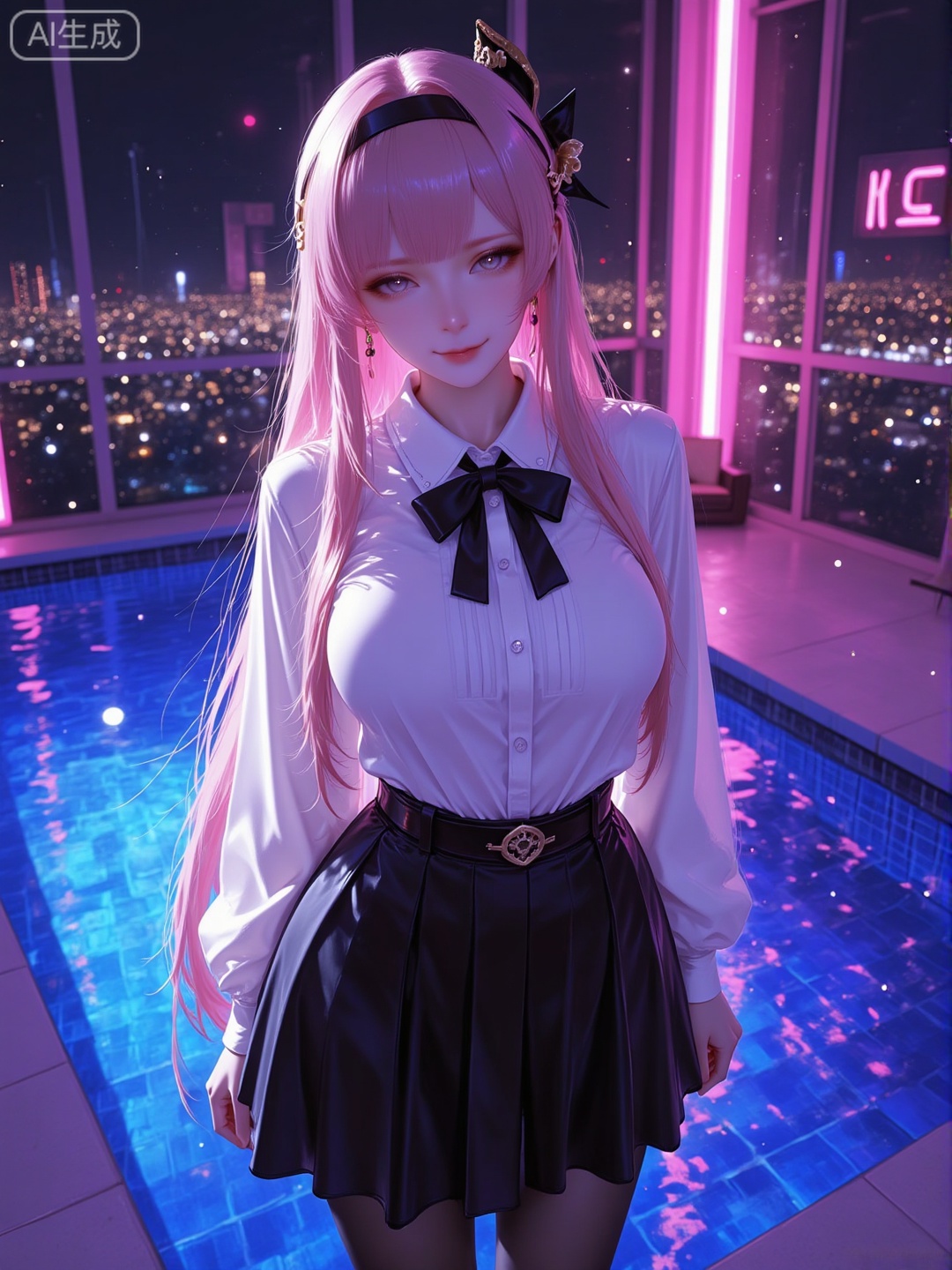 masterpiece, best quality, highly detailed,1girl, solo, long hair,  looking at viewer, black bow, white blouse, black skirt, black stockings, cityscape, neon lights, pool, night, long hair, cute, standing, indoors, reflections, pink highlights,ercy,luxueqi,luxueqi,ercy,luxueqi,ercy,exs