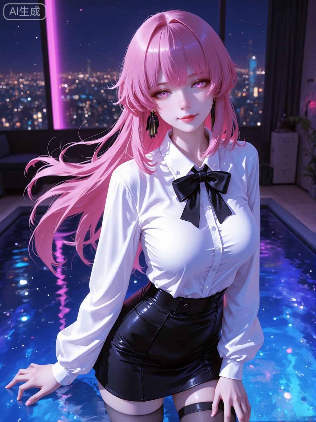 masterpiece, best quality, highly detailed,1girl, solo, long hair,  looking at viewer, black bow, white blouse, black skirt, black stockings, cityscape, neon lights, pool, night, long hair, cute, standing, indoors, reflections, pink highlights,ercy,luxueqi,luxueqi,ercy,luxueqi,ercy,exs
