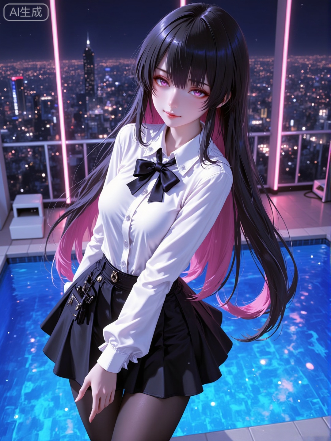 masterpiece, best quality, highly detailed,1girl, solo, long hair,  looking at viewer, black bow, white blouse, black skirt, black stockings, cityscape, neon lights, pool, night, long hair, cute, standing, indoors, reflections, pink highlights,ercy,luxueqi,luxueqi,ercy,luxueqi,ercy,exs
