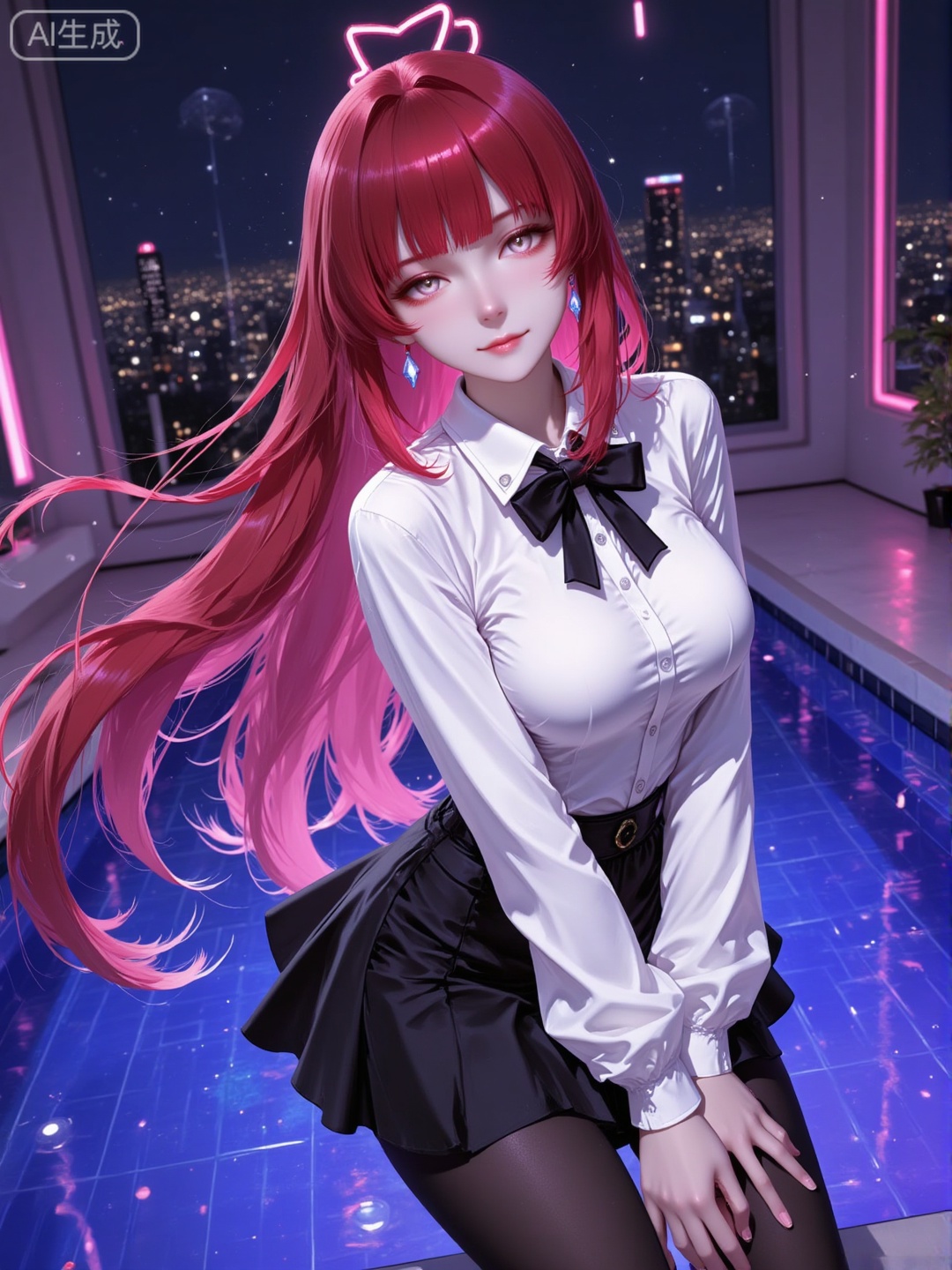 masterpiece, best quality, highly detailed,1girl, solo, long hair,  looking at viewer, black bow, white blouse, black skirt, black stockings, cityscape, neon lights, pool, night, long hair, cute, standing, indoors, reflections, pink highlights,ercy,luxueqi,luxueqi,ercy,luxueqi,ercy,exs
