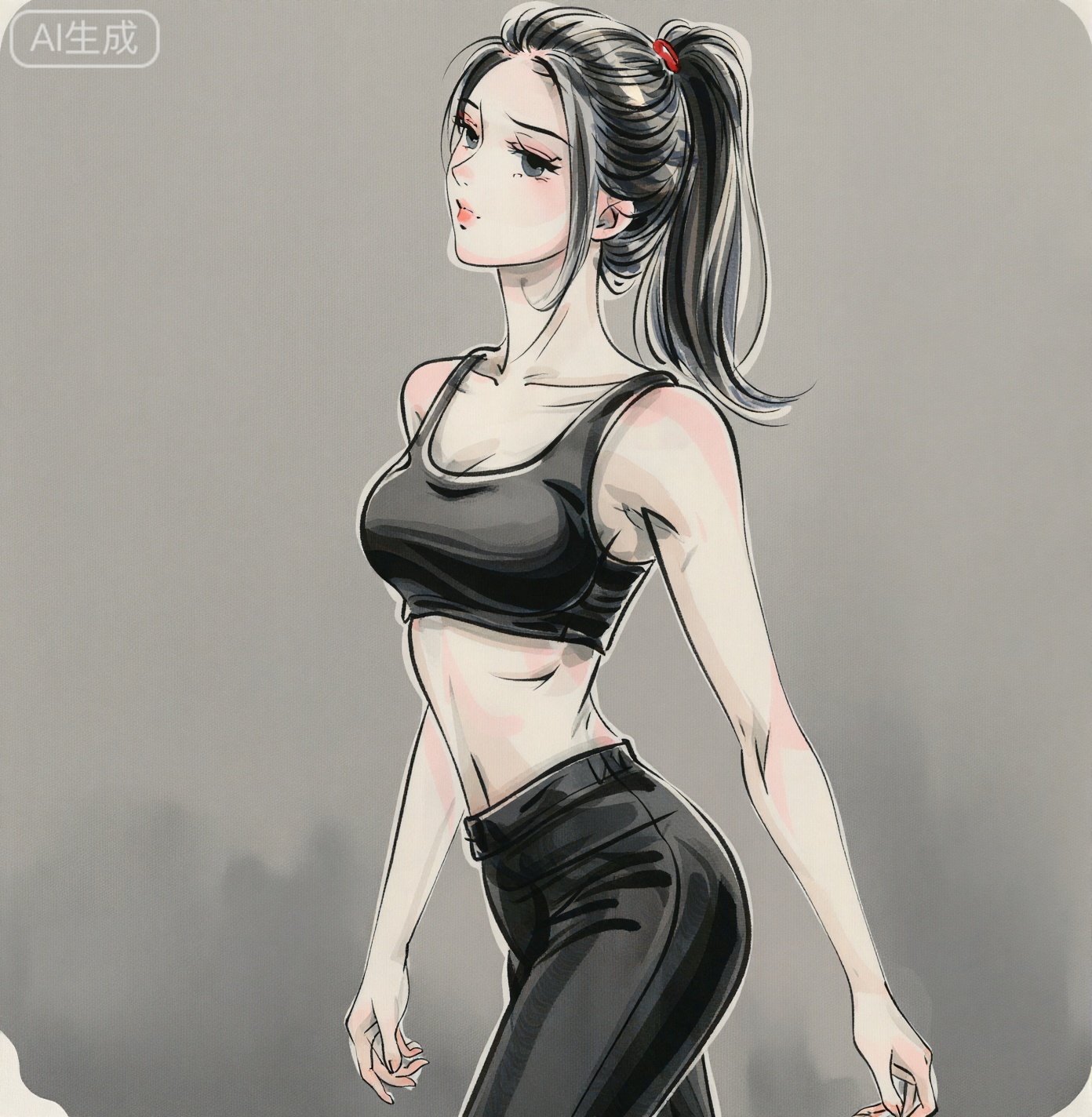 1girl,chi,painting \(medium\),watercolor \(medium\),black hair,simple background,
水墨,画作,chi画风,刘亦菲2. 构图视角：平视视角。
景别：中景,画面截取自大腿中部至头部,重点展示上半身及躯干。
4. 角色穿着、动作与表情外貌特征：瑜伽服,黑色马尾辫,皮肤白皙,有马甲线,腹肌。
姿态：身体略微侧向,胯部微顶,呈现出S型曲线。


