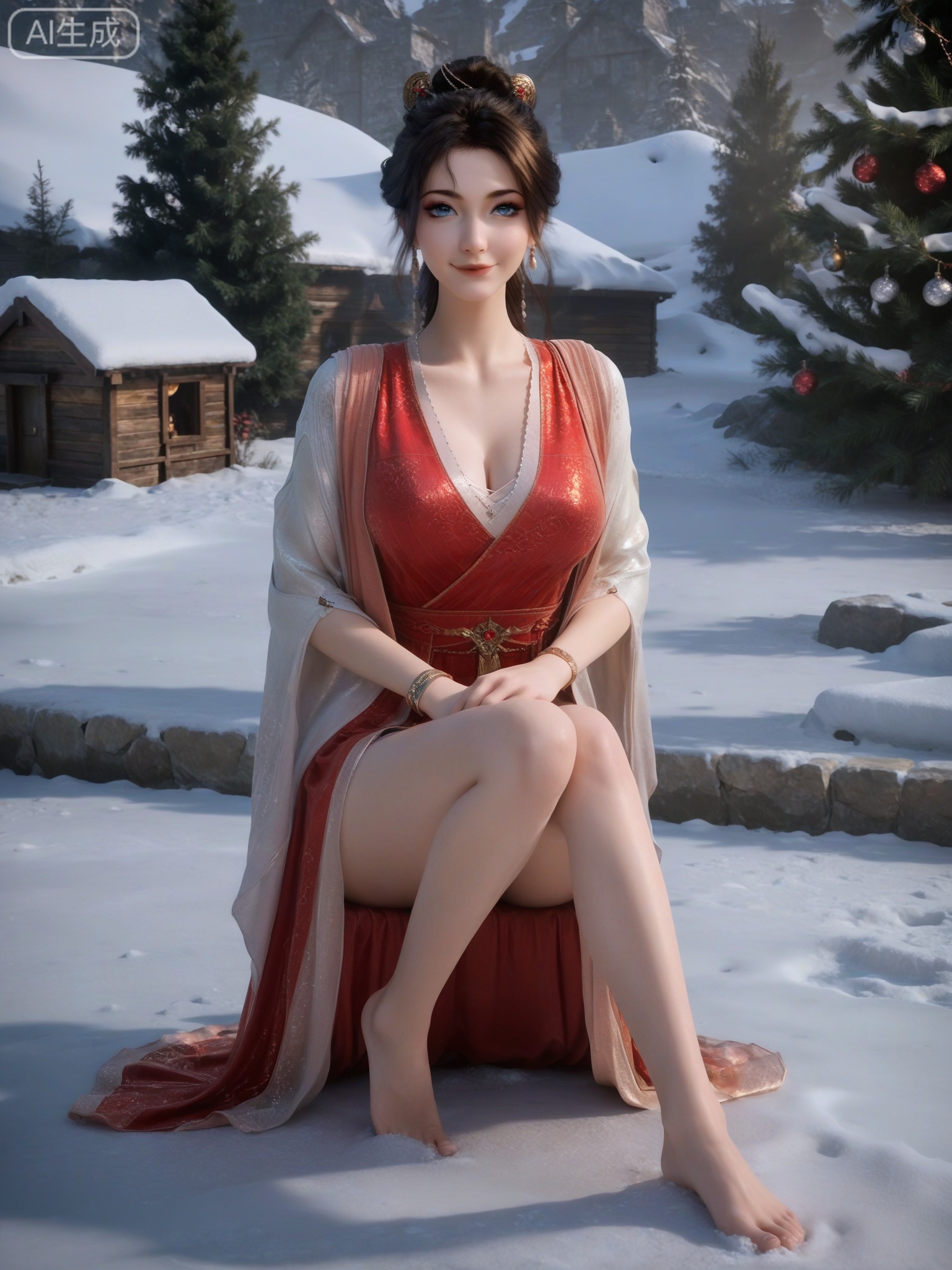 score_9,score_8_up,score_7_up,masterpiece,(best quality),(intricate details:0.9) BREAK (intricate details:0.9),(realistic skin:1.2),masterpiece,best quality,newest,absurdres,hiahres,1girl,jewelry,hair ornament,dress,necklace,lips,eyeshadow,bracelet,tassel,(8k ultra-clear, pony style),photo pose 0.6, micro-expression: soft smile 0.3, half-body + medium shot 0.7,1girl,looking_at_viewer,1boy,hair,realistic,photorealistic,Vivid Colors,bright environment,shiny skin,shiny hairjewelry,detail eyes,Eyes highlights,glowing,sunshine,bright,reflection,bright,sunshine on face,shiny,shinny,petite,thin,leg slimming,lose weight,slim hips,lakeside,delicate water,reflection,(full body:1.3)sitting_down,eyelashes,snow,Winter,Snowy landscape,Snow accumulation,Christmas tree,(huge breasts:1)