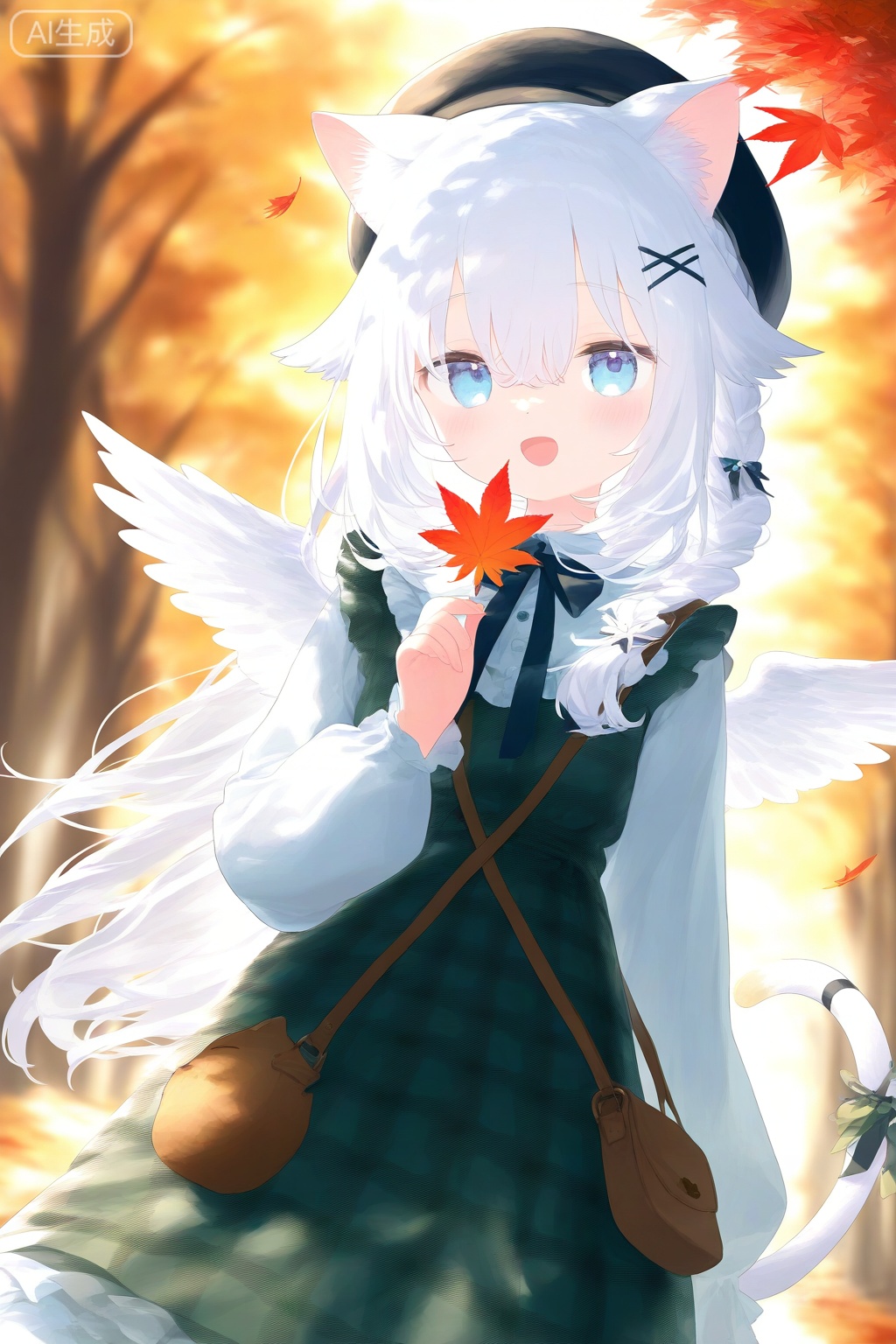  1girl, solo, animal ears, tail, wings, cat tail, cat ears, hat, holding leaf, virtual youtuber, smile, leaf, beret, autumn leaves, long sleeves, blue eyes, long hair, braid, holding, outdoors, cat girl, bag, x hair ornament, good shade, frills, dress, :d, animal ear fluff, plaid, looking at viewer, shoulder bag, maple leaf, plaid dress, bangs, tail ornament, hair ornament, frilled dress, autumn, puffy long sleeves, white hair, blurry background, feathered wings, white wings, hair between eyes, open mouth, shirt, blurry
