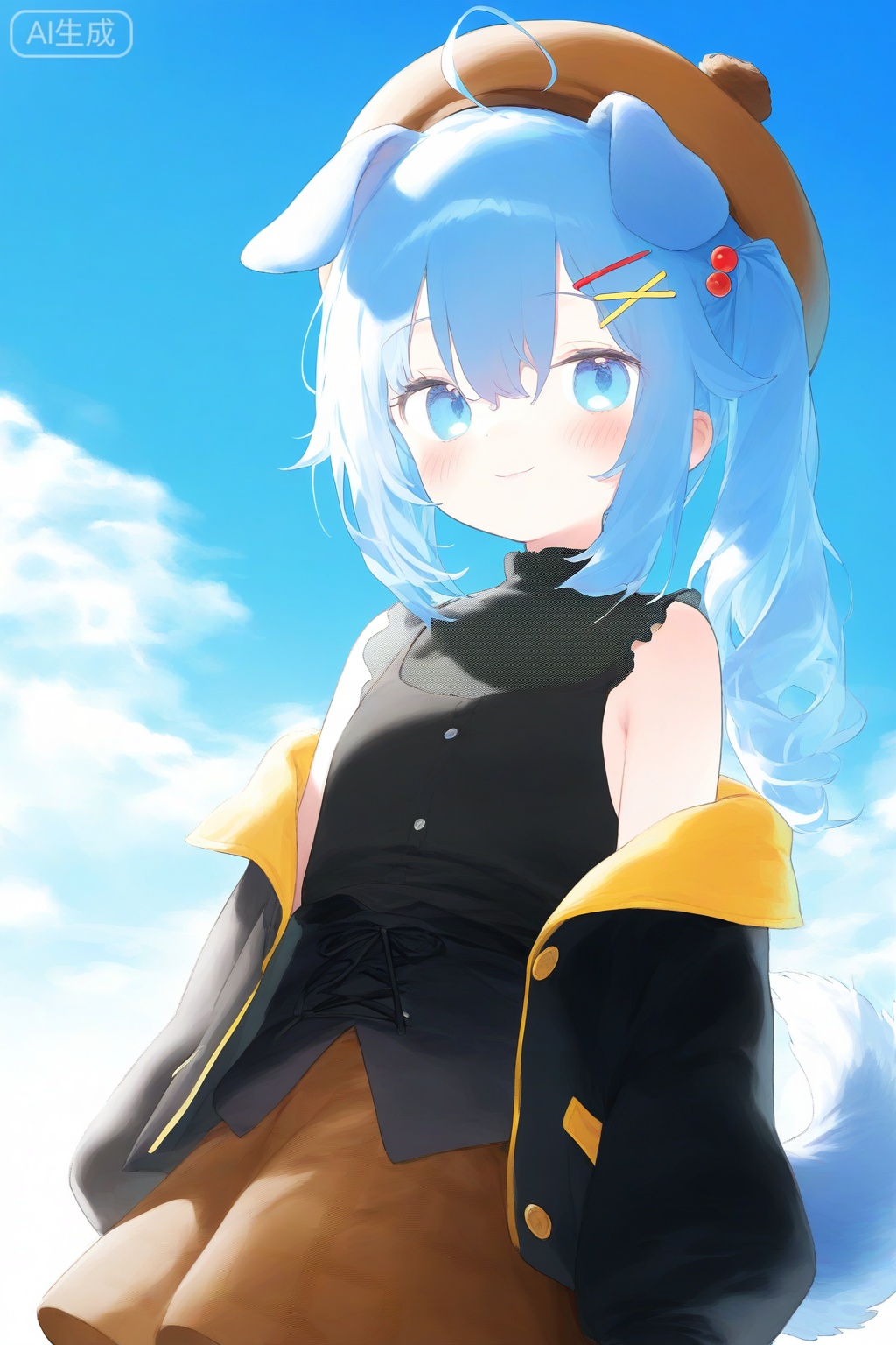 1girl, solo, animal ears, outdoors, blue hair, blue eyes, tail, skirt, day, hair ornament, off shoulder, dog ears, sleeveless, smile, jacket, long sleeves, x hair ornament, hat, plaid skirt, shirt, black shirt, open jacket, plaid, brown skirt, sky, brown headwear, closed mouth, dog tail, sleeveless shirt, black jacket, long hair, open clothes, ahoge, puffy long sleeves, beret, bow, bare shoulders, bangs, looking at viewer, hairclip, dog girl, blue sky, hair between eyes, side ponytail, blush, cloud, puffy sleeves