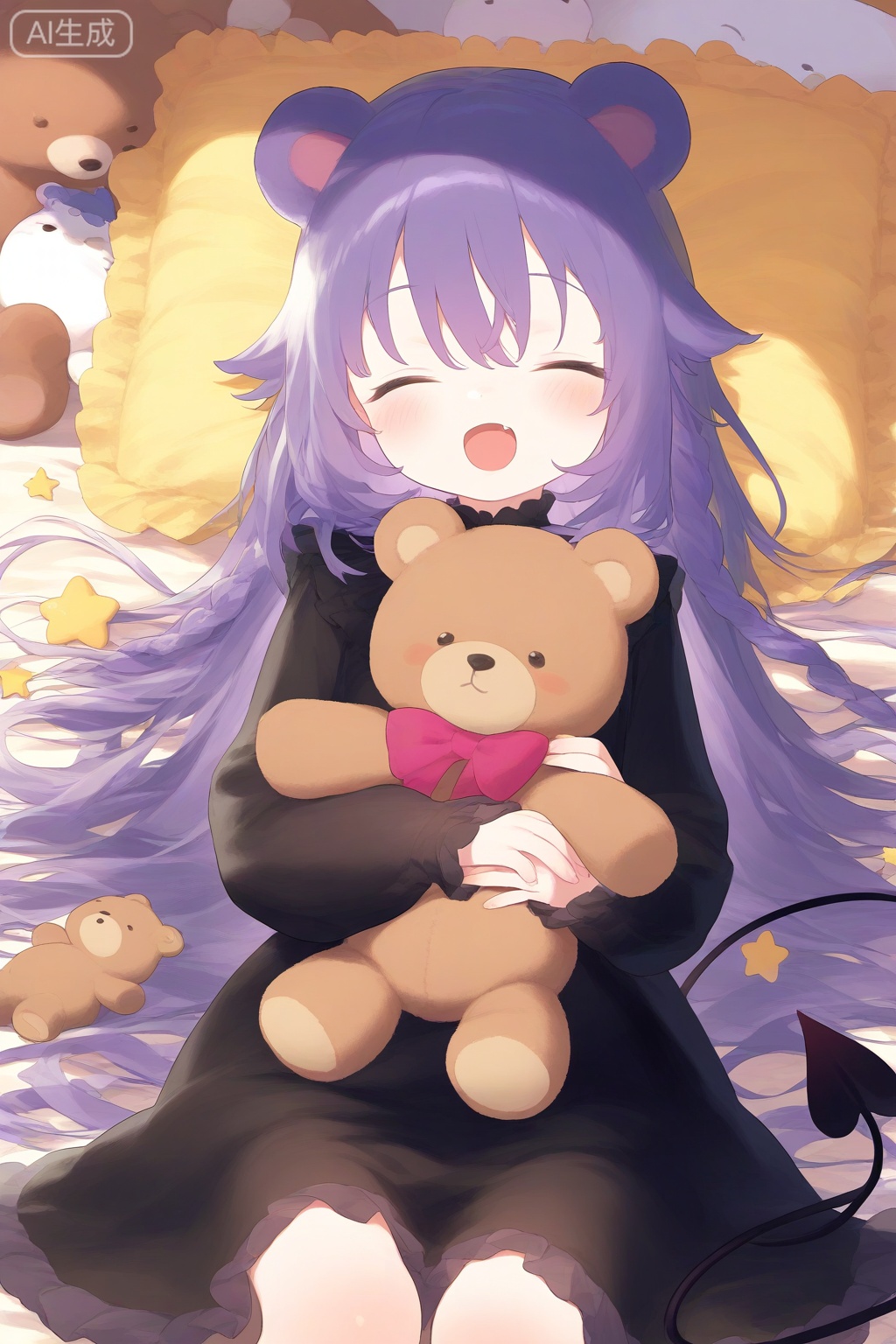1girl, solo, animal ears, stuffed toy, on back, stuffed animal, dress, lying, purple hair, closed eyes, tail, braid, smile, frills, teddy bear, black dress, good shade, long sleeves, long hair, pillow, blush, bangs, facing viewer, fang, very long hair, :d, demon girl, frilled dress, demon tail, bear ears, frilled pillow, star \(symbol\), hair between eyes