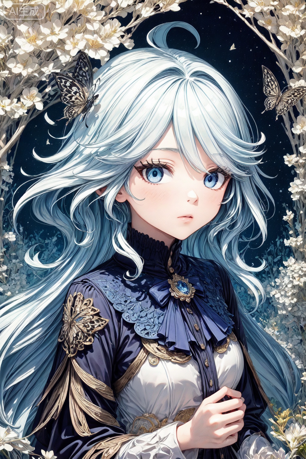 abstract art, (style of Yuko Shimizu:1.3), (black theme:1.1), gold theme, golden butterflies, dark stars, 1girl,white hair,blue eyes, field of white flowers, , facing viewer,forked ahoge
