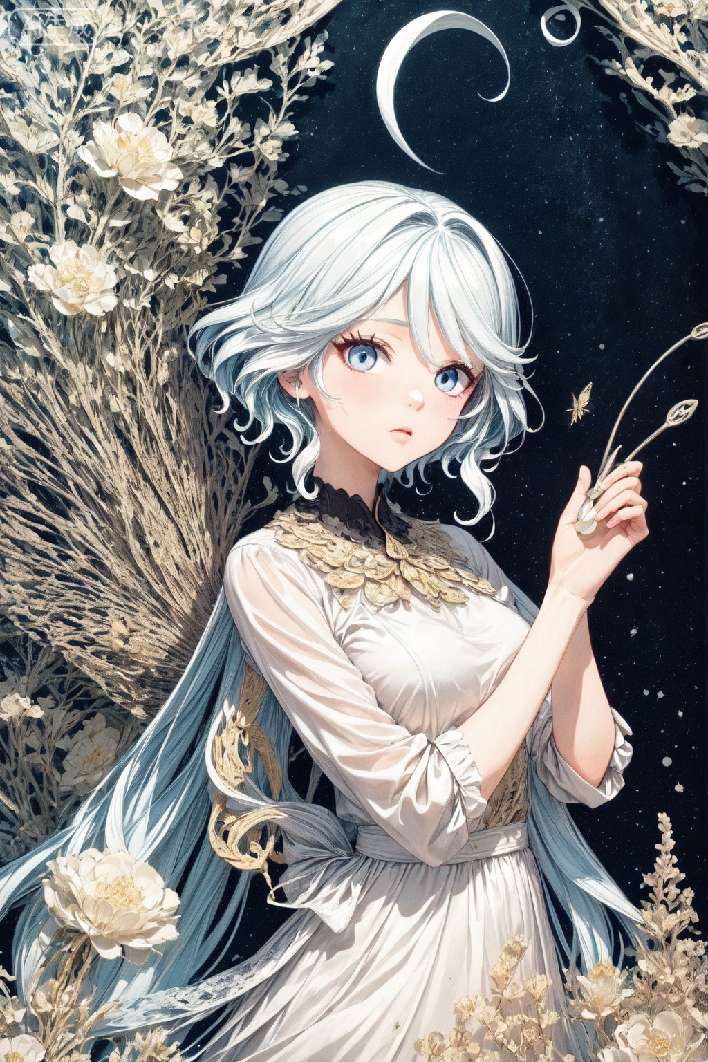 abstract art, (style of Yuko Shimizu:1.3), (black theme:1.1), gold theme, golden butterflies, dark stars, 1girl,white hair,blue eyes, field of white flowers, , facing viewer,forked ahoge
