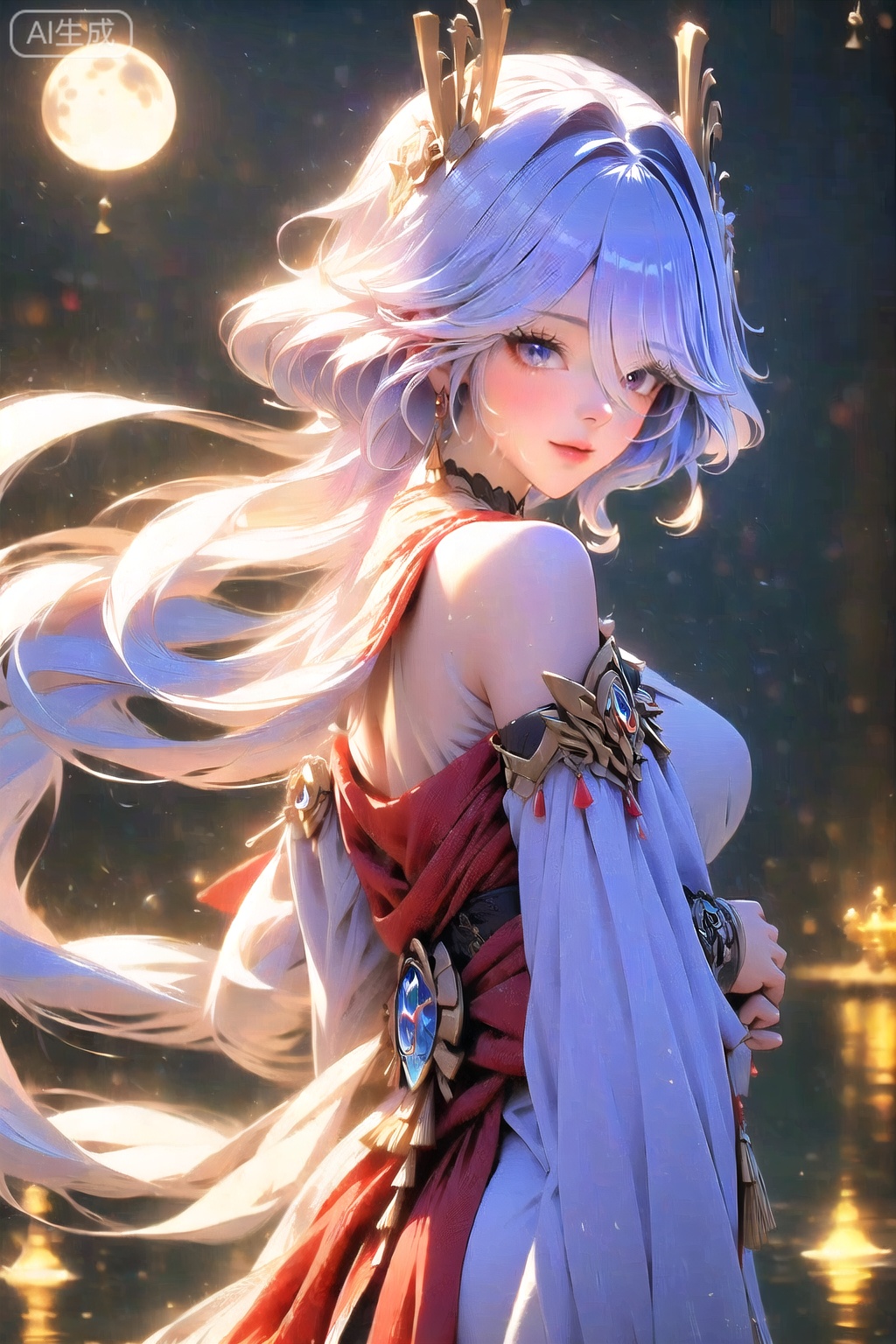 A solo figure of a woman stands beneath the silvery glow of a full moon. Her long hair cascades down her back. Her dress is fur-trimmed, flowing off one shoulder as she smiles, her open mouth revealing a hint of mischief. Her eyes gleam like dark pools, surrounded by colorful sclera and eyelashes. A glowing tattoo of a Dragon symbol wraps around her upper body, extending down to her arms in a full-body design. The moon casts an ethereal light upon her grey hair, as if it holds the secrets of the night.
