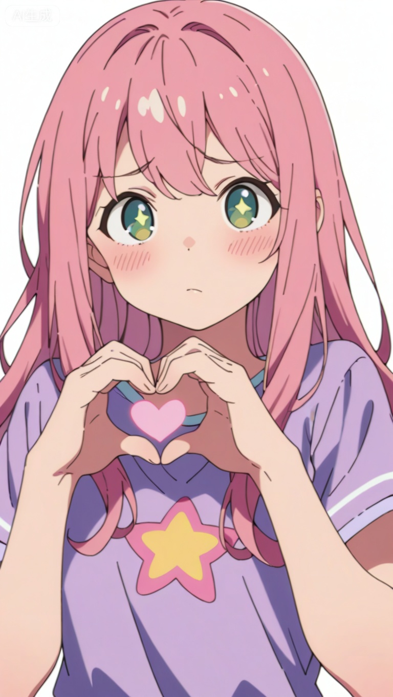 1girl, heart hands, solo, heart, green eyes, blush, white background, looking at viewer, star \(symbol\), simple background, pink hair, upper body, short sleeves, pink hair, shirt, long hair, purple shirt,

masterpiece,extremely detailed,best quality,very aesthetic


