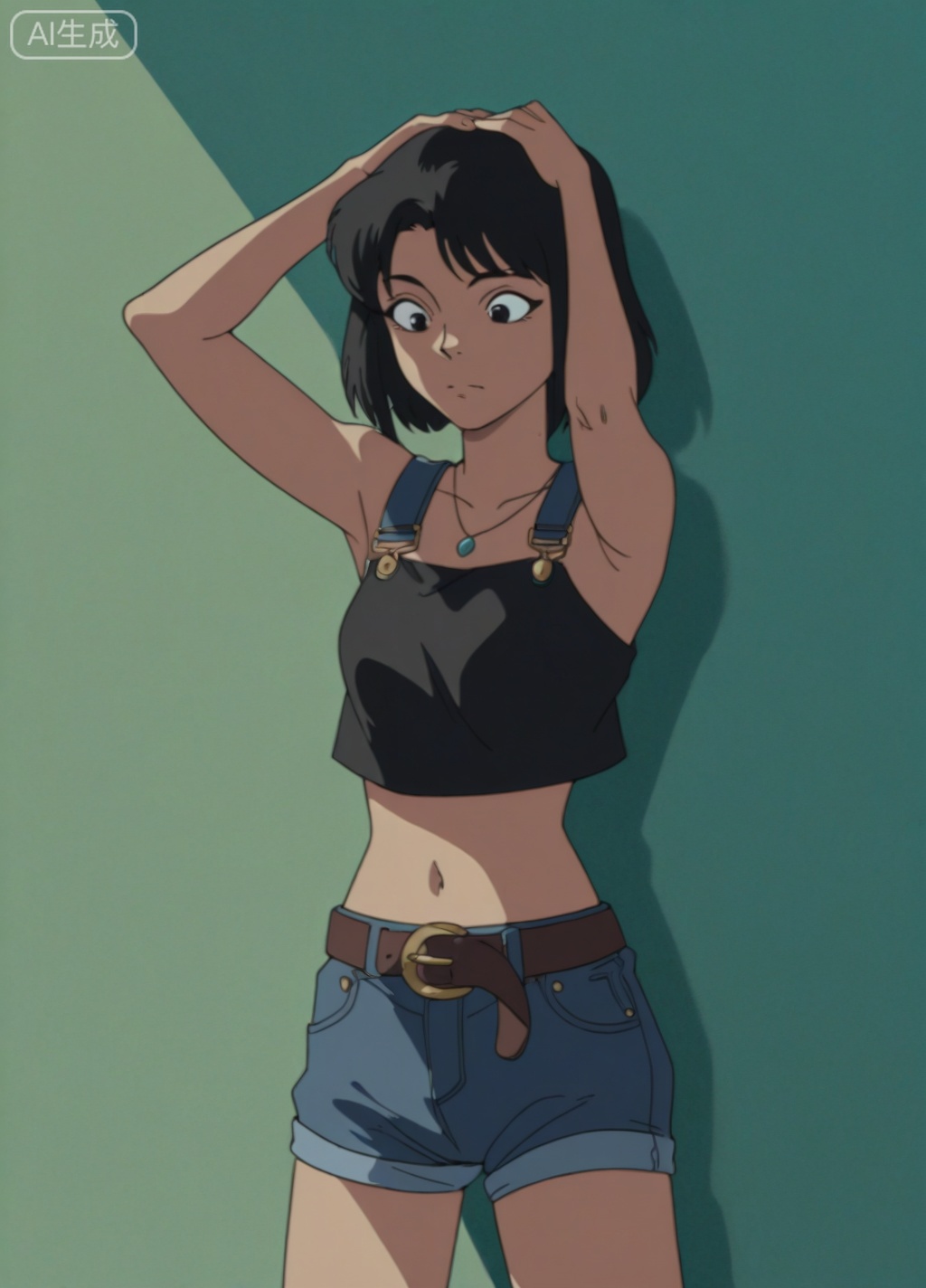 animen17 and black and white line drawing in anime style,Black and white line drawing style,blending anime and realistic art,with a minimalist background. The image captures a realistic and stylized representation of a subject,emphasizing subtle details and clear outlines. The artistic approach combines the fluidity of anime with the precision of realism,creating a balanced and dynamic visual composition.,
A young woman is depicted in a dynamic pose,standing against a textured green wall. She has her head tilted upwards,suggesting a moment of reflection or appreciation. Her dark,tousled hair adds to her casual and relaxed appearance. She is wearing a sleeveless top that reveals her midriff and distressed denim shorts,along with a simple necklace and a belt. The overall composition emphasizes her figure and the contrast between her dark clothing and the vibrant green wall.,
The woman is positioned in a relaxed posture,partially engaged with her surroundings. The background is a textured green wall that provides a vivid contrast to her dark and muted clothing,highlighting her figure. The lighting is natural,with sunlight casting subtle shadows. The perspective is from a medium angle,capturing both the details of her clothing and the textures of the wall. The color palette is monochromatic,with the green wall and her dark clothing creating a strong visual contrast.,
The image conveys a sense of youthful nonchalance and confidence. The composition is balanced,with the woman centered in the frame. The overall atmosphere is calm and introspective,suggesting a moment of reprieve. The style blends the fluidity of anime with the precision of realism,creating a dynamic and engaging visual.,