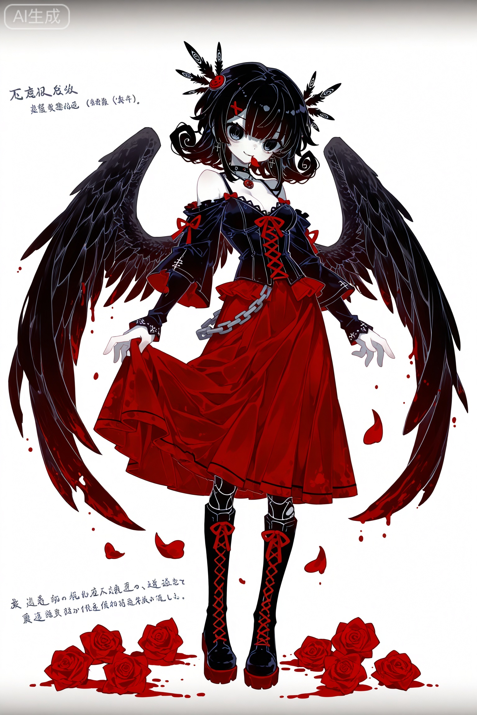 Solo, whole body, full body,

White background, monochrome theme, outline: 1.2,ketone,
,//
Huge file size, amazing quality,multicolored hair,,(imazawa:1.1),(maccha_(mochancc):0.3),(ningen_mame:0.8),(mochizuki_kei:0.75),
／／
1 girl, breasts, cleavage, 
 1girl, solo, charcoal black hair, ink black hair, long curly hair, red rose hair ornament, black feather hair accessories, ice blue-gray eyes, cold gray-blue eyes, narrow eyes, cold expression, smirks, red rose petal in mouth, pale skin with red blush, gothic dark style, black lace camisole, black multi-layered torn cape, red satin lining, red rose decorations, metal cross buckle, black ruffled long skirt, gray polka dot pattern, red inner skirt, black knee-high lace-up boots, metal chain decorations, black choker, red rose pendant, standing pose, body tilt right, lifting skirt, floating cape, floating hair, raven motif, black phoenix butterfly motif, blood splatter effects, monster girl, animalistic limbs, raven claws on hands and feet, black raven wings, feathered wings, taloned feet, demonic lower body, twisted monster legs, pure white background, solid white background, no other background elements, no watermark, no text, elegant and aloof, yandere aesthetic, delicate line art, soft shading, dark fantasy, horror gothic
