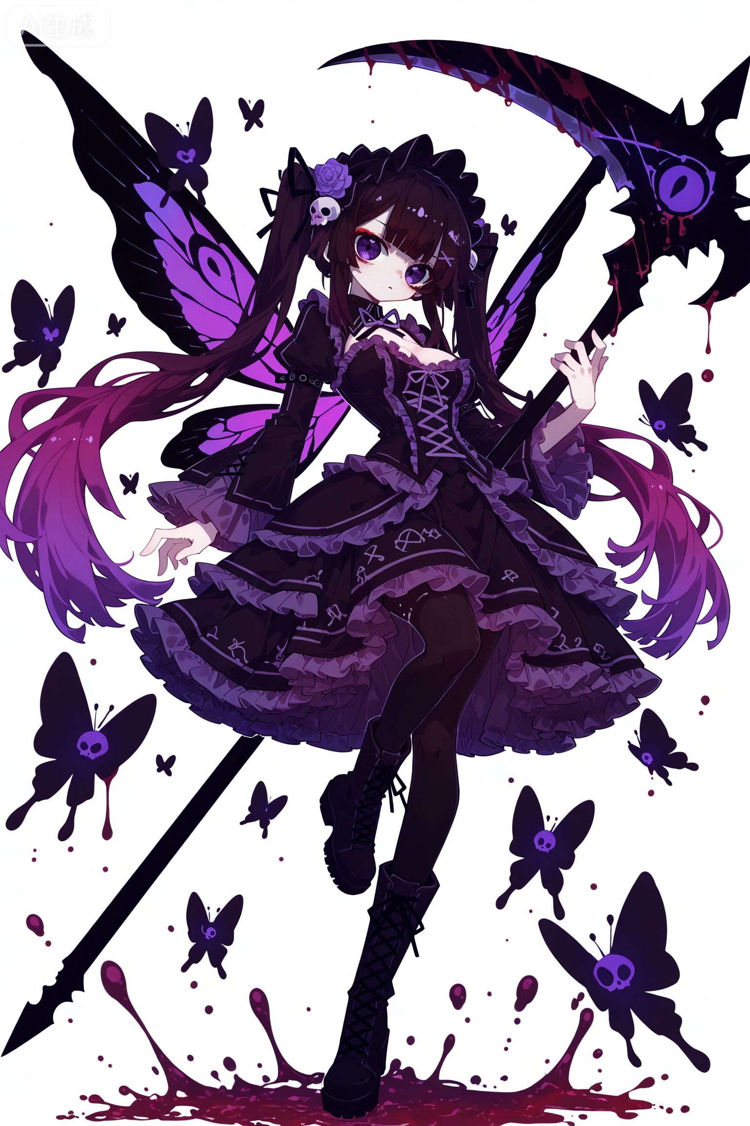 Solo, whole body, full body,

White background, monochrome theme, outline: 1.2,ketone,
,//
Huge file size, amazing quality,multicolored hair,,(imazawa:1.1),(maccha_(mochancc):0.3),(ningen_mame:0.8),(mochizuki_kei:0.75),
／／
1 girl, breasts, cleavage, 
masterpiece, best quality, ultra-detailed, 1girl, fluffy pink-purple gradient hair with purple flower and skull decoration, slender purple eyes with red eyeshadow, cold and indifferent expression, gothic lolita dress with multi-layer ruffled dark purple tulle, black lace-up boots, holding a giant scythe with blood texture, pink and purple balloons beside, purple emperor butterfly wings pattern on dress, dynamic floating ribbons, white background with ink splashes, dark fantasy aesthetic, sweet and dark contrast, anime illustration, cinematic lighting
