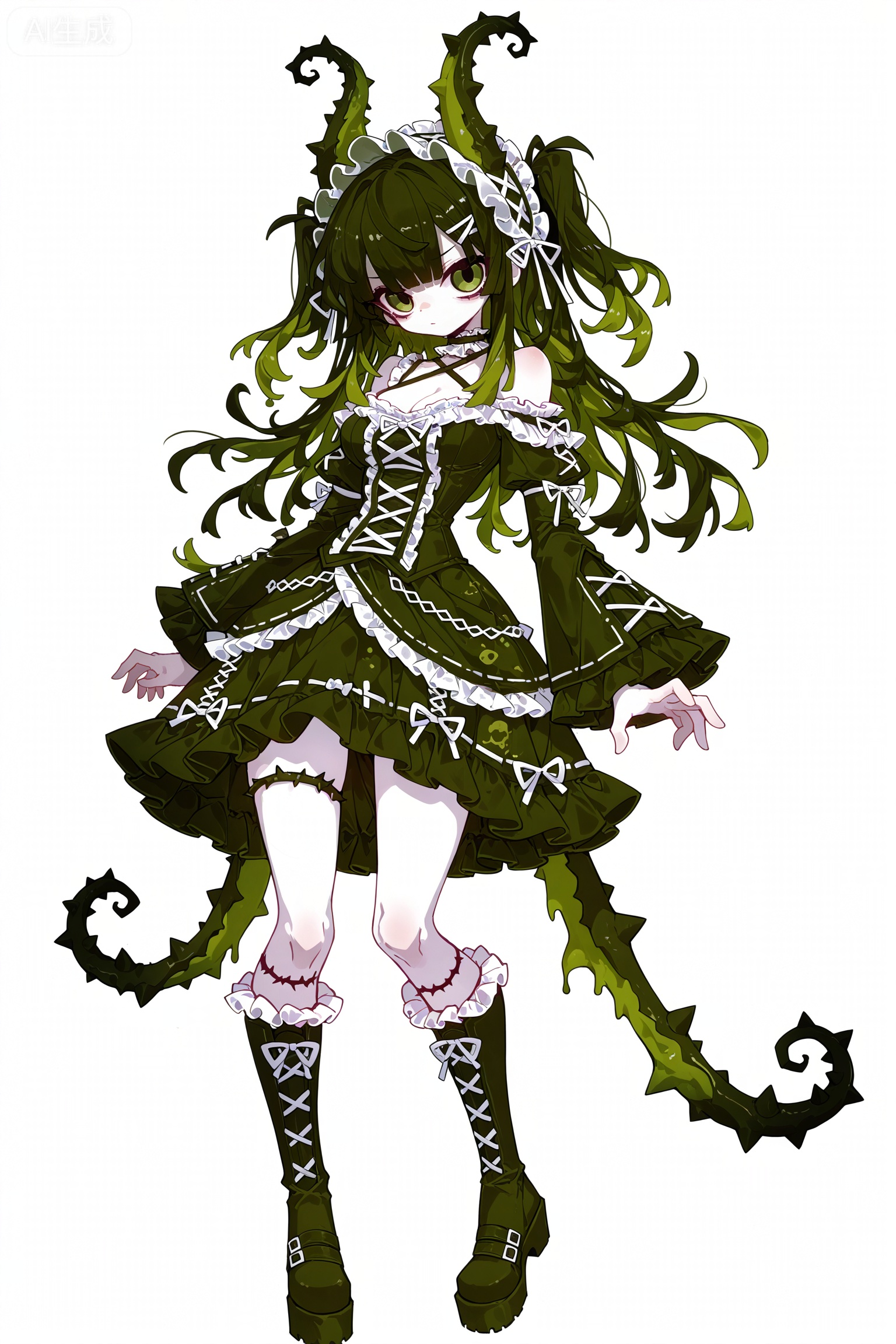 Solo, whole body, full body,

White background, monochrome theme, outline: 1.2,ketone,
,//
Huge file size, amazing quality,multicolored hair,,(imazawa:1.1),(maccha_(mochancc):0.3),(ningen_mame:0.8),(mochizuki_kei:0.75),
／／
1 girl, breasts, cleavage, 
Masterpiece, best quality, ultra-detailed, 1 girl, full-body monsterization, green gradient messy tentacle hair with thorns and green vines, with thorns and green vines decoration, vertically slit poisonous green eyes, dark green eye shadow, cool and cold expression, ragged Gothic Lolita dress, multi-layered ruffled dark green tulle, rotten green lace, black claw boots, twisted limbs and green scale texture, sharp bone thorns on the shoulders, white pure background, dark fantasy aesthetics, strange and strange atmosphere, monster girl mix, anime illustration, movie lighting