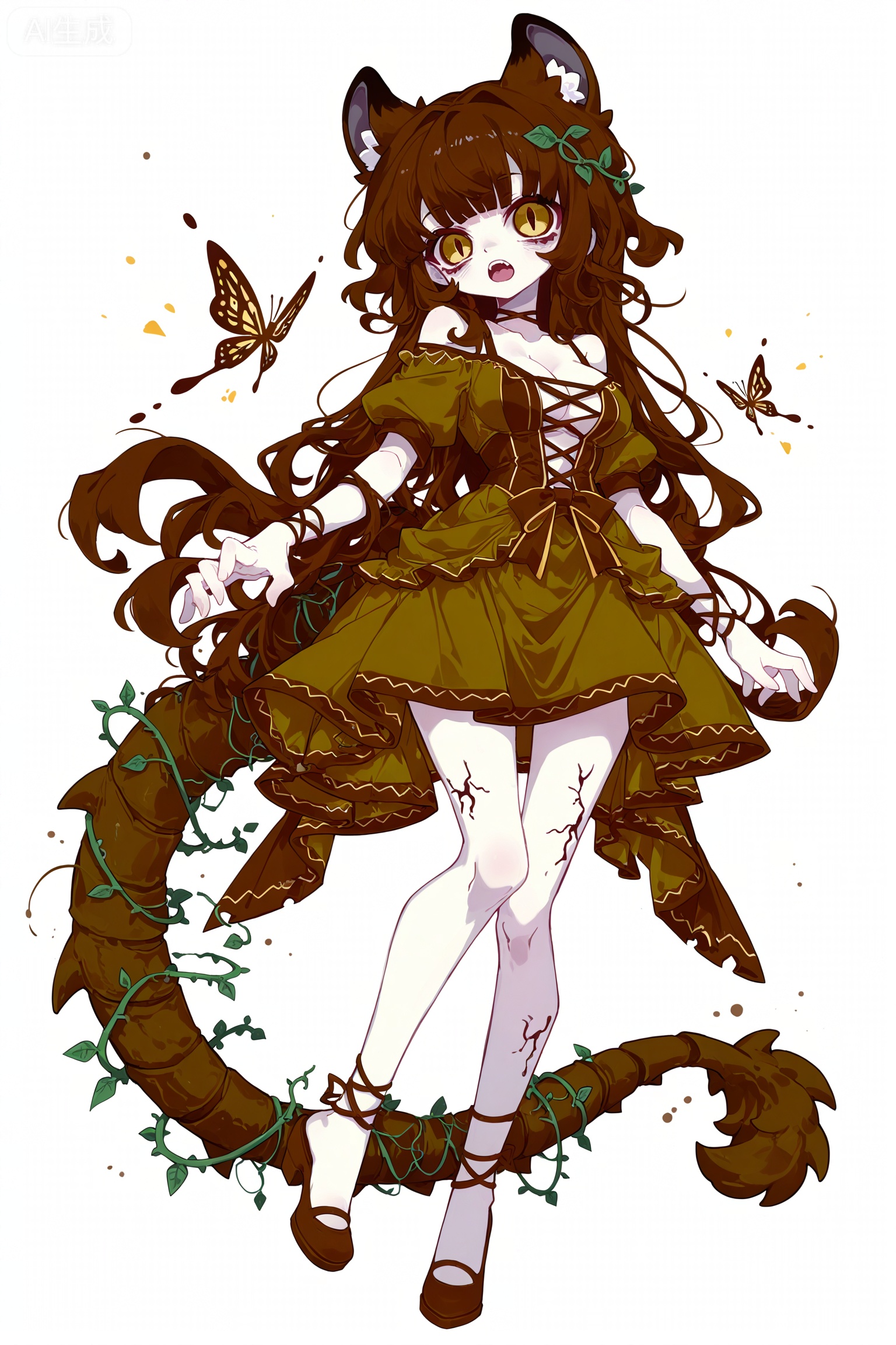 Solo, whole body, full body,

White background, monochrome theme, outline: 1.2,ketone,
,//
Huge file size, amazing quality,multicolored hair,,(imazawa:1.1),(maccha_(mochancc):0.3),(ningen_mame:0.8),(mochizuki_kei:0.75),
／／
1 girl, breasts, cleavage, 
White background, full-body monster, 1 girl, dark brown curly hair, with green vines and golden butterfly ornaments, golden slit pupil eyes, sharp fangs, leopard ears and scale tail, ragged emerald green and brown retro dress, thorny bone cane, pale skin with dark vein pattern, aristocratic monster elegance, Gothic horror style, high detail, movie lighting