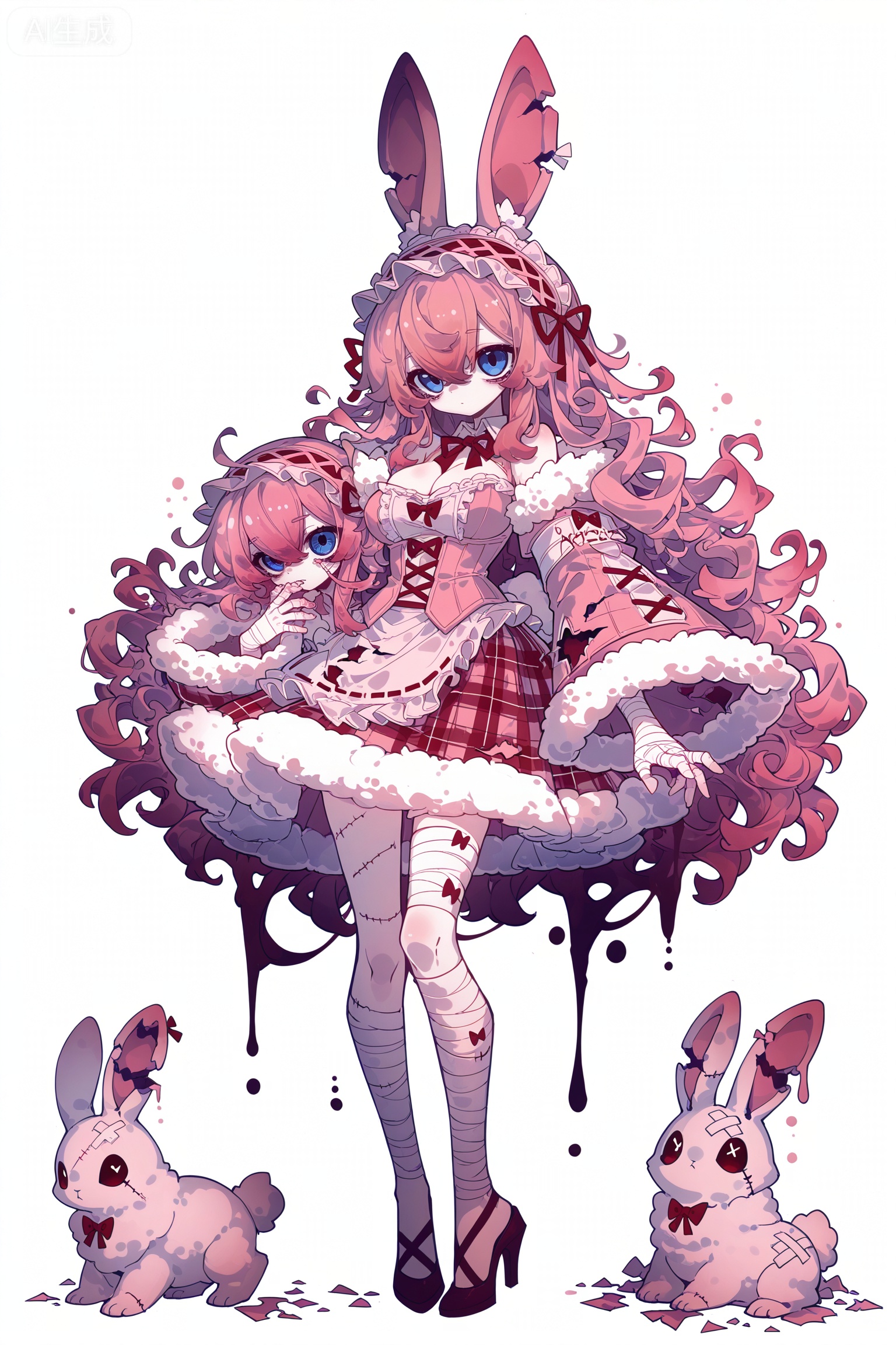 Solo, whole body, full body,

White background, monochrome theme, outline: 1.2,ketone,
,//
Huge file size, amazing quality,multicolored hair,,(imazawa:1.1),(maccha_(mochancc):0.3),(ningen_mame:0.8),(mochizuki_kei:0.75),
／／
1 girl, breasts, cleavage, 
white background, full body monsterization, lop-eared rabbit monster, monster girl, pastel pink curly hair, ice blue eyes, distorted rabbit ears, tattered lolita cloak, plaid pattern, lace headband, corrupted gem decoration, bandaged monster limbs, clawed high heels, broken fabric texture, monochrome horror, ethereal monster, melancholy monster expression, fluffy monster fur, glitched rabbit features, demonic rabbit hybrid, fragile monster aesthetic