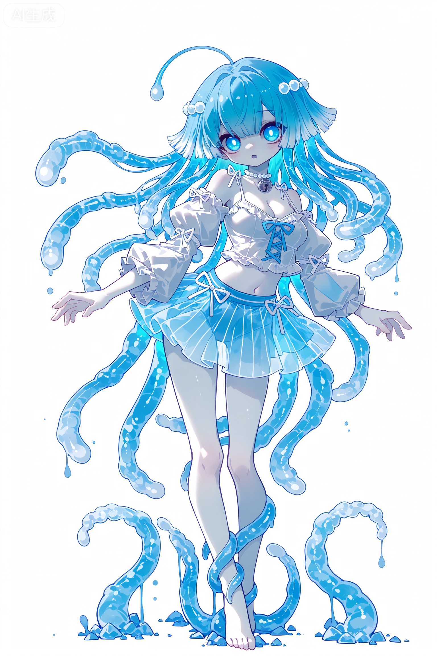Solo, whole body, 

White background, monochrome theme, outline: 1.2,ketone

Cujiujiu,//
Huge file size, amazing quality,multicolored hair,,(imazawa:1.1),(maccha_(mochancc):0.3),(ningen_mame:0.8),(mochizuki_kei:0.75),
／／
1 girl, breasts, cleavage, 
1girl, solo, ice blue jellyfish-like hair, transparent wavy hair, bioluminescent hair tips, light amber jellyfish eyes, glowing pupils, innocent expression, soft gaze, slightly open mouth, pale translucent skin, bioluminescent blue blush, jellyfish humanoid, full body jellyfish transformation, jellyfish tentacle limbs, transparent tentacles with bioluminescent blue stripes, floating tentacles, jellyfish bell-shaped skirt, sheer bioluminescent blue overlay, white camisole, light blue lace trim, ice blue cropped blouse, puff sleeves, white bow, white pearl choker, light blue ribbon wristbands, standing pose, floating posture, ethereal movement, solid white background, no other background elements, bioluminescent glow, transparent texture, delicate line art, soft shading, no watermark, no text, marine fantasy, pure and ethereal aesthetic
