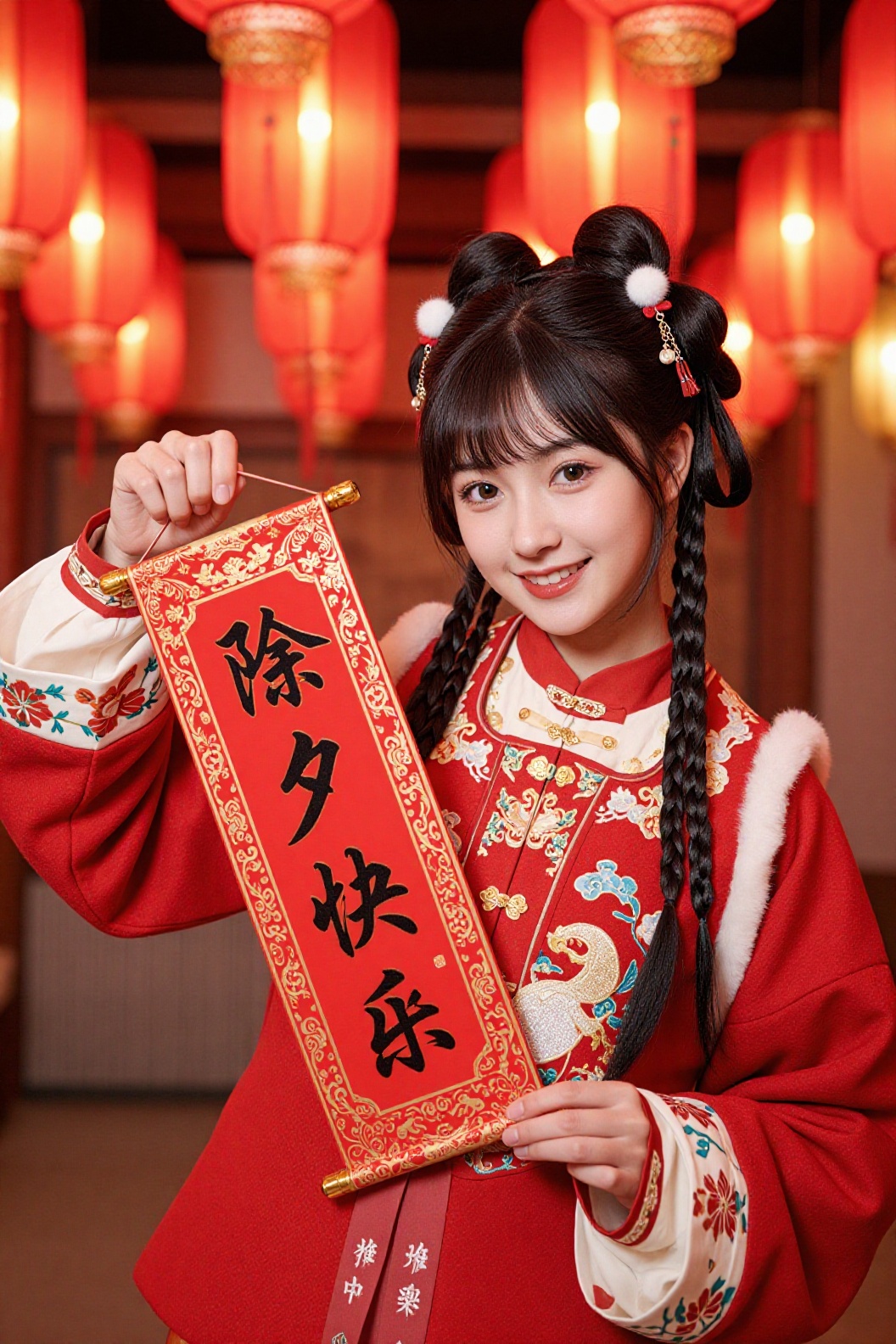 一位身着过年喜庆红色衣服的古装女子,  服饰纹理精致细腻,  她双手拉着一副写着除夕快乐的竖批 on Tensor.Art