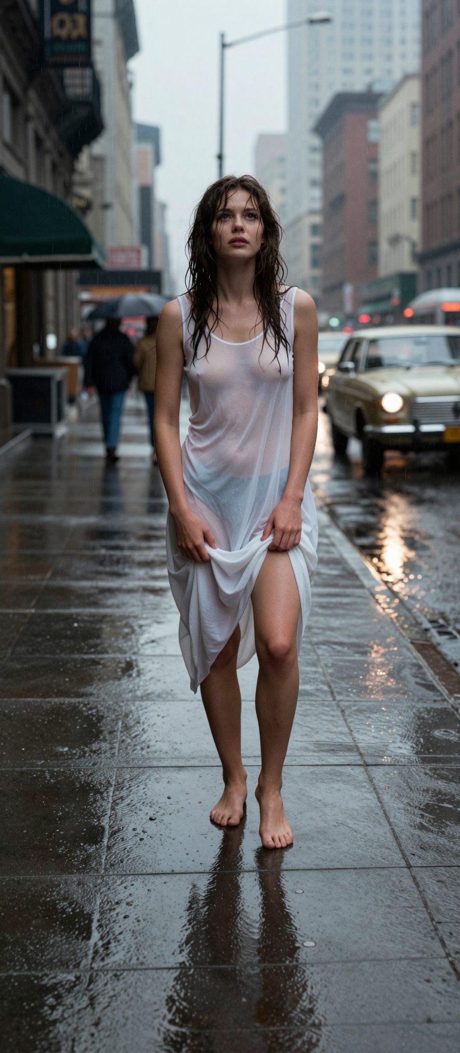 In this cinematic still from an avant-garde 1985 arthouse film,  a young woman stands alone on a rain-soaked street,  evok...