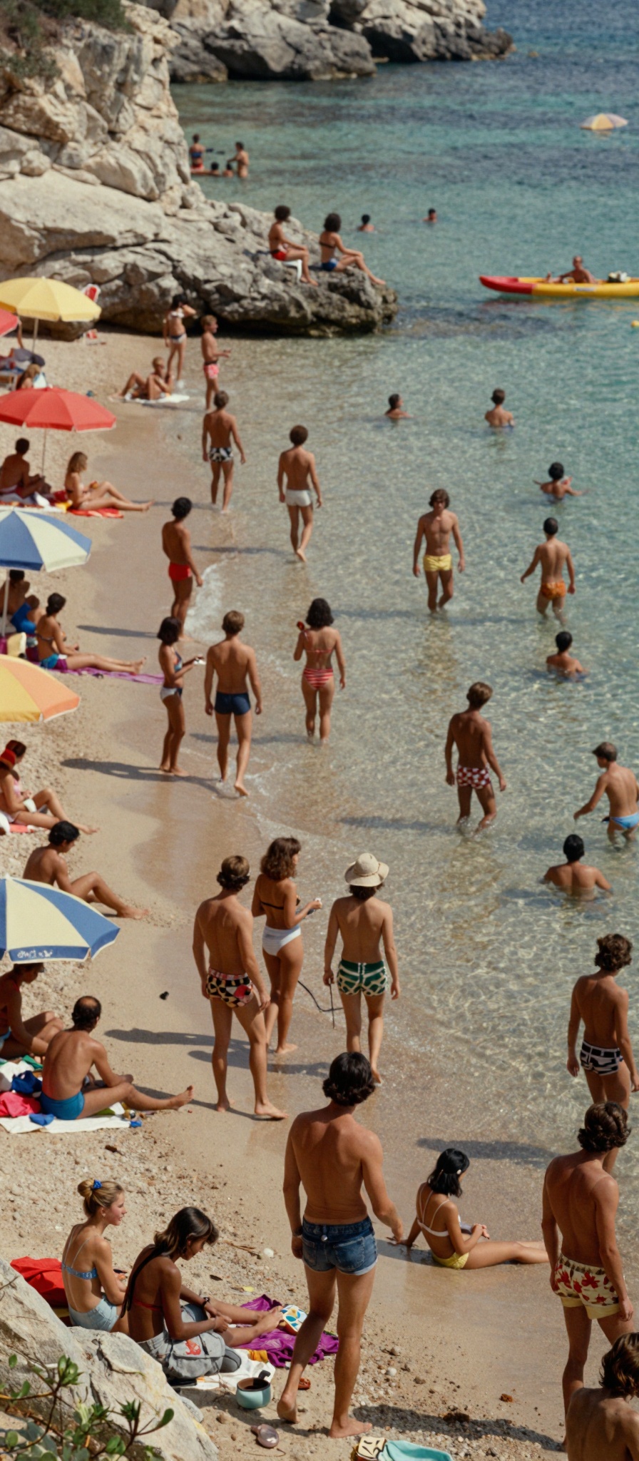 Imagine a still image from an arthouse film,  reminiscent of the 1970s surrealist movement,  capturing a vibrant beach sce...