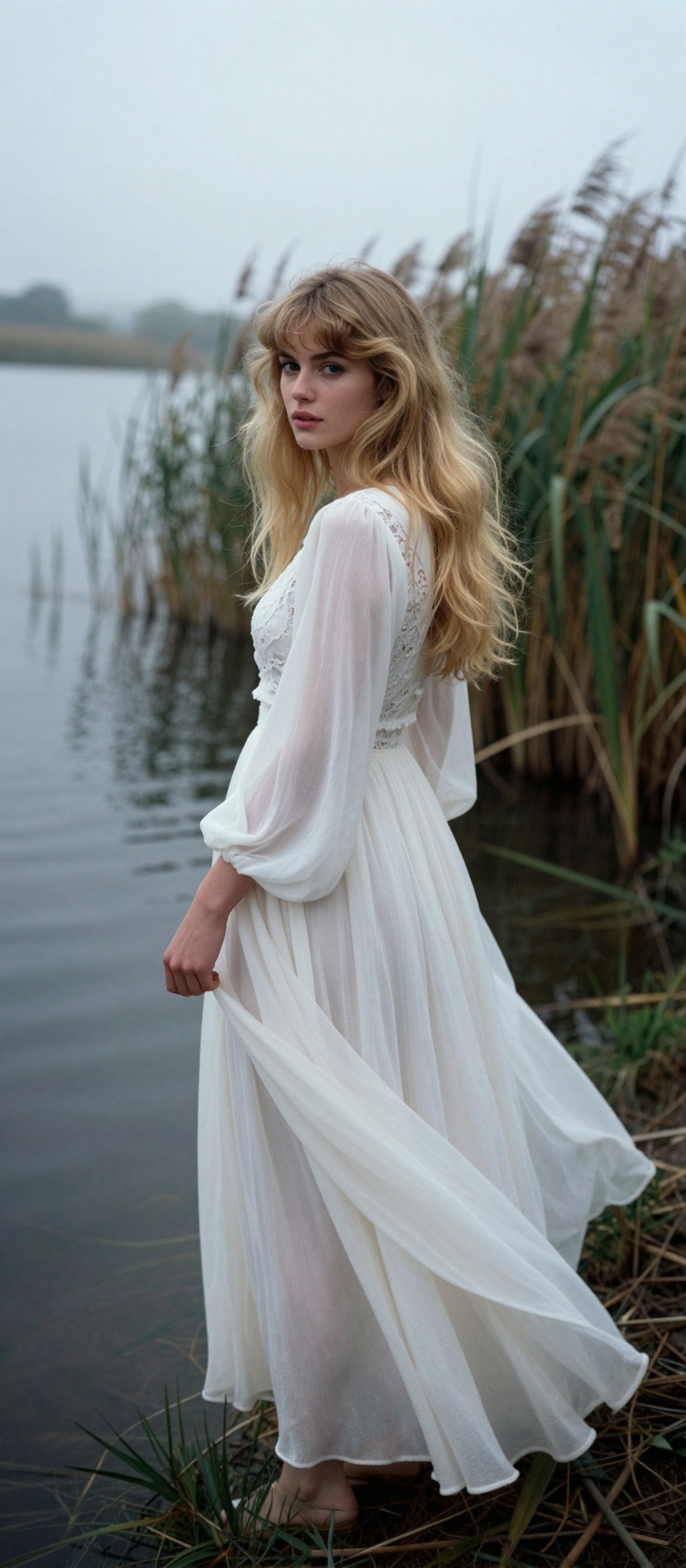 The woman in the image,  likely a protagonist from a 1985 arthouse film,  stands poised at the water's edge on Tensor.Art