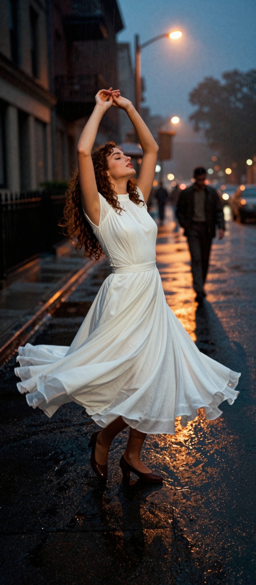 The photograph captures a woman in a stunning white dress,  dancing in the rain on a city street at night. The image exude...