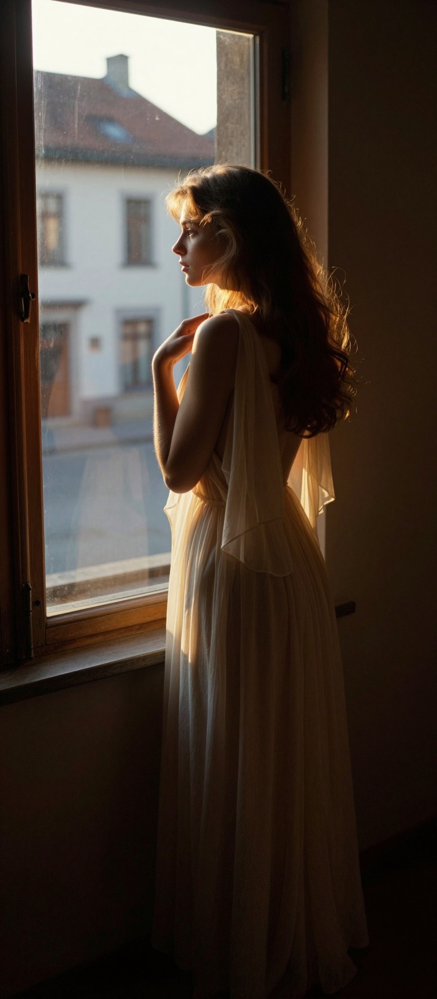 In this evocative image,  reminiscent of a still from an 1985 foreign arthouse film,  a woman stands contemplatively in a...