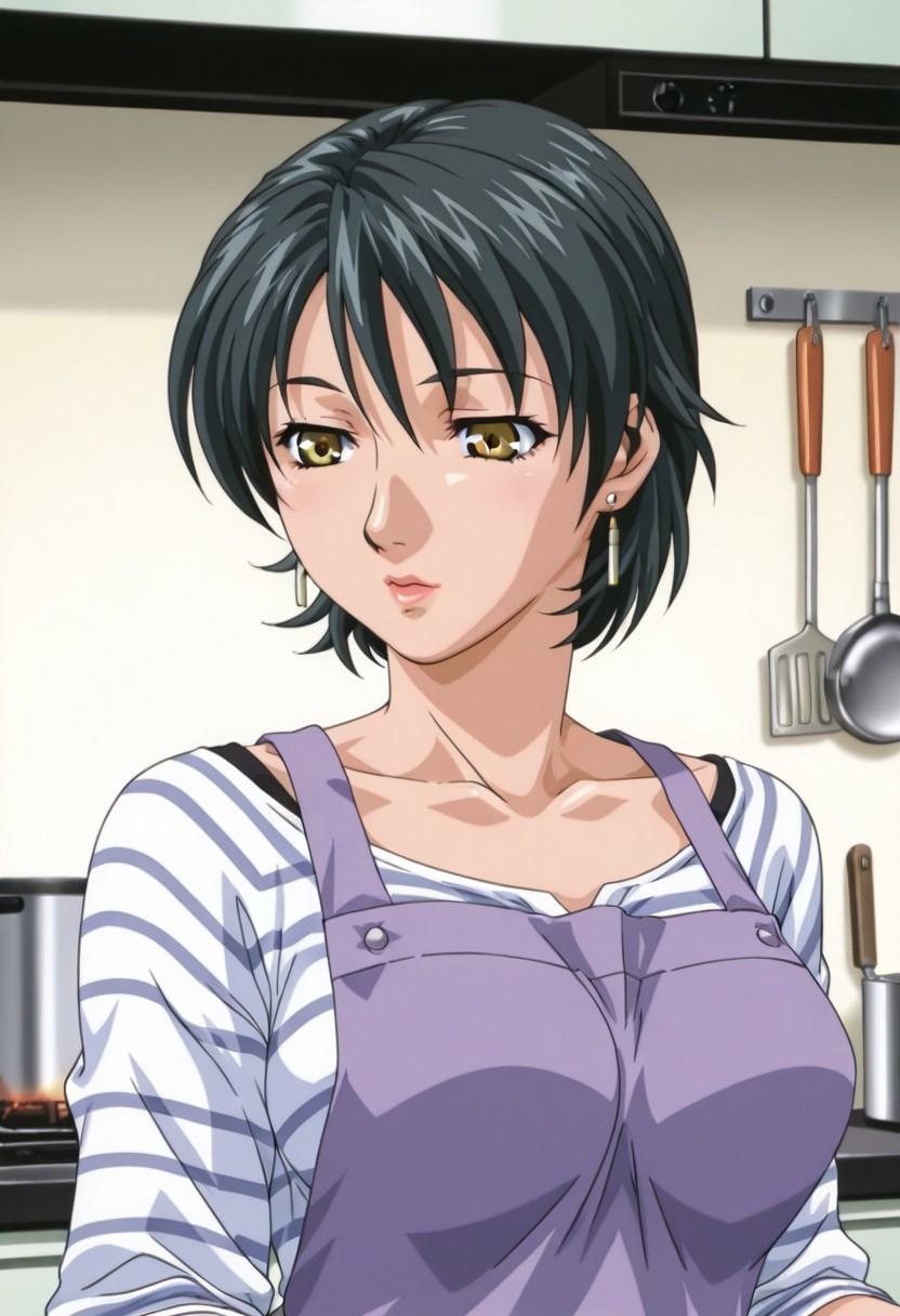 cooking food,  striped undershirt,  purple apron on Tensor.Art