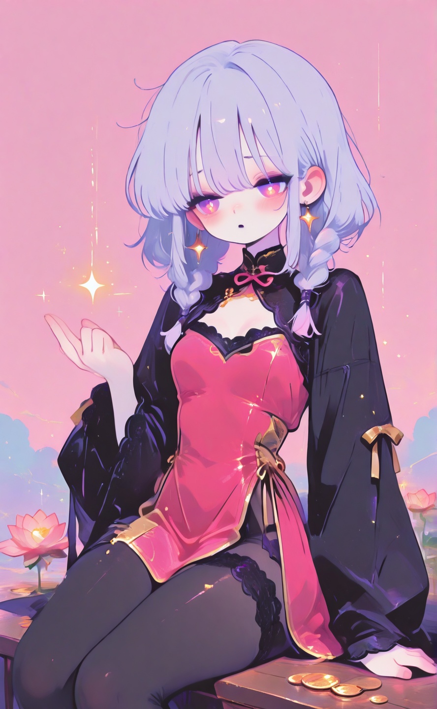 1girl,  solo,  sitting like a Maneki-neko on a pedestal on Tensor.Art