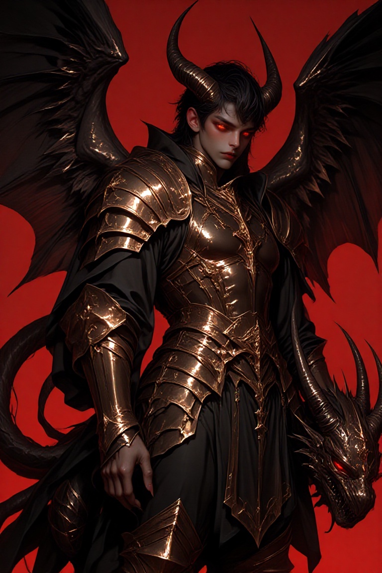 Create a vivid image of a demonic boy,  standing proudly with demonic horns and tails,  clad in shimmering gold medieval a...