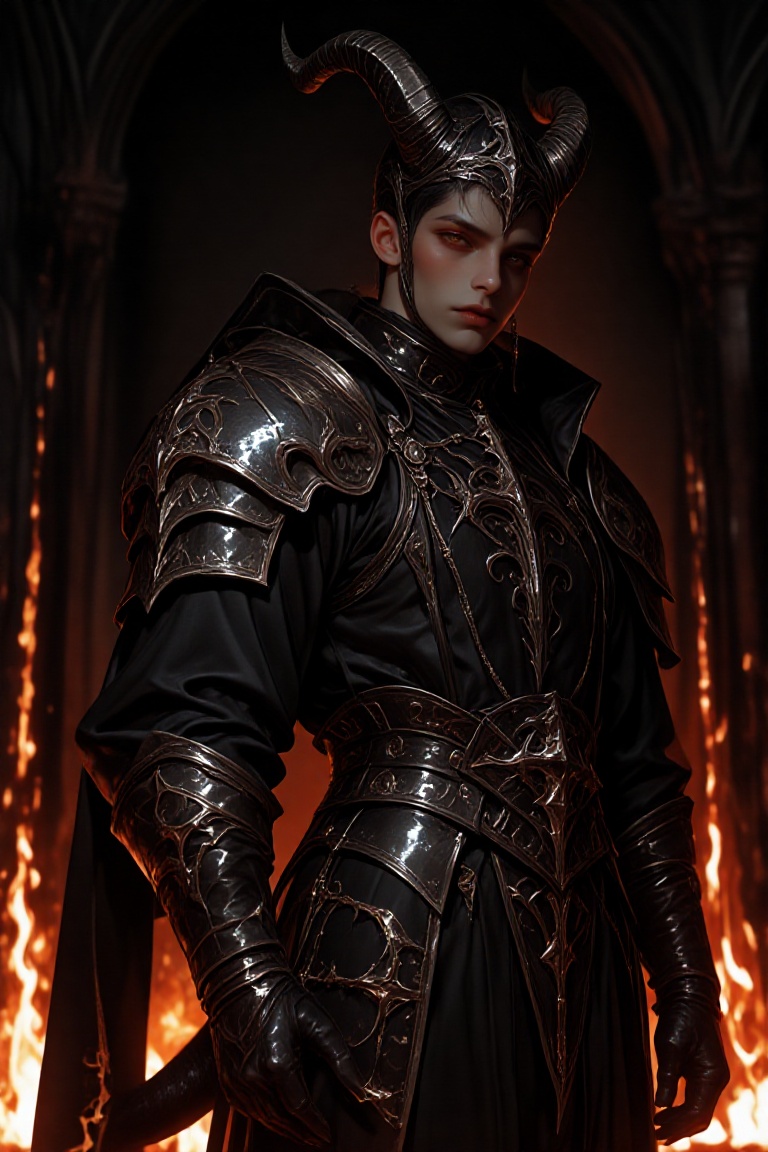 Create a scene where a demonic boy stands proudly in a medieval setting,  adorned with intricate medieval armor. His prese...