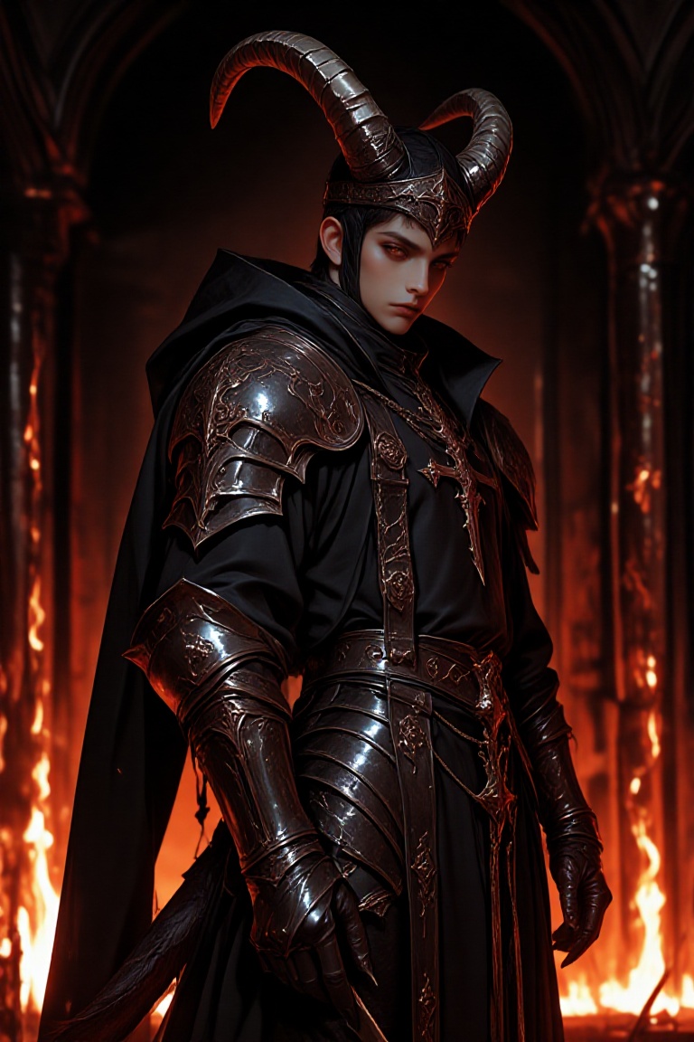 Create a scene where a demonic boy stands proudly in a medieval setting,  adorned with intricate medieval armor. His prese...