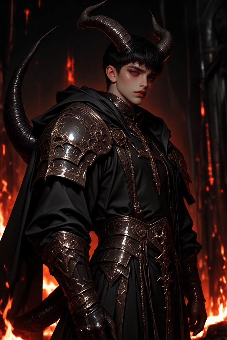Create a scene where a demonic boy stands proudly in a medieval setting,  adorned with intricate medieval armor. His prese...