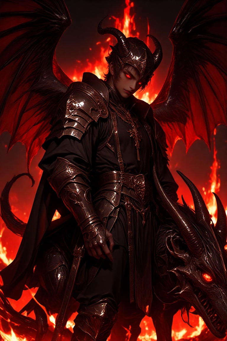 Create a vivid image of a demonic boy,  standing proudly in medieval armor,  adorned with demonic horns and tails. His eye...