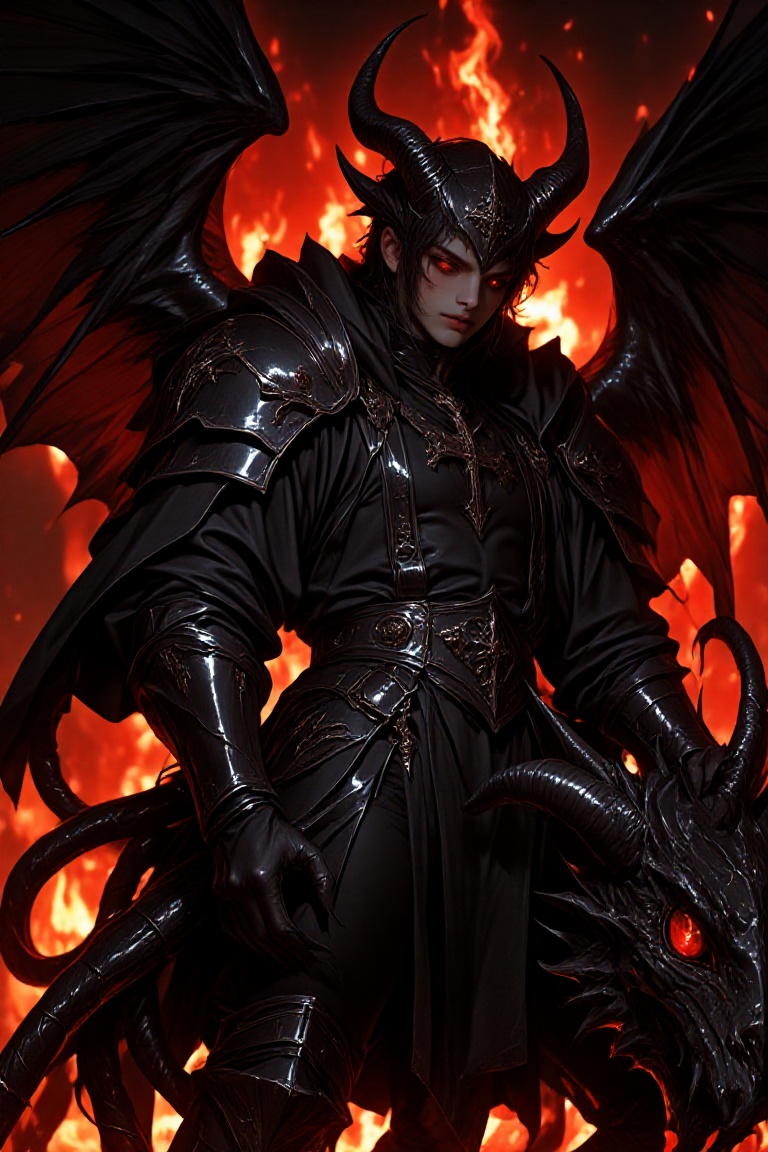 Create a vivid image of a demonic boy,  standing proudly in medieval armor,  adorned with demonic horns and tails. His eye...