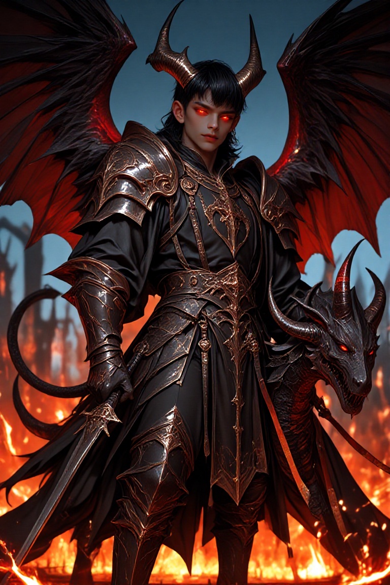 Create a vivid image of a demonic boy,  standing proudly in medieval armor,  adorned with demonic horns and tails. His eye...