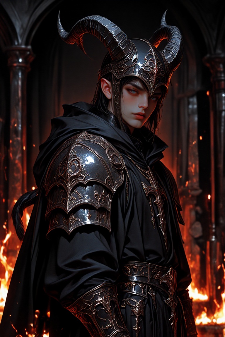 Create a scene where a demonic boy stands proudly in a medieval setting,  adorned with intricate medieval armor. His prese...