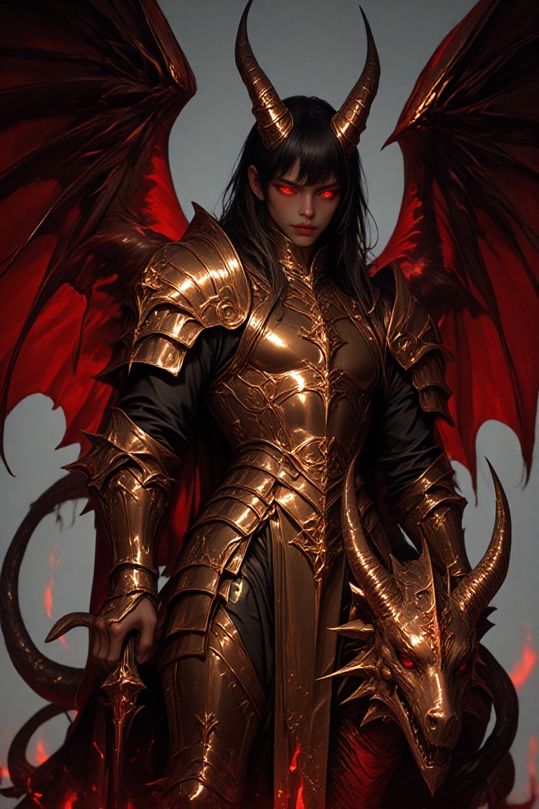 Create a vivid image of a demonic boy,  standing proudly with demonic horns and tails,  clad in shimmering gold medieval a...