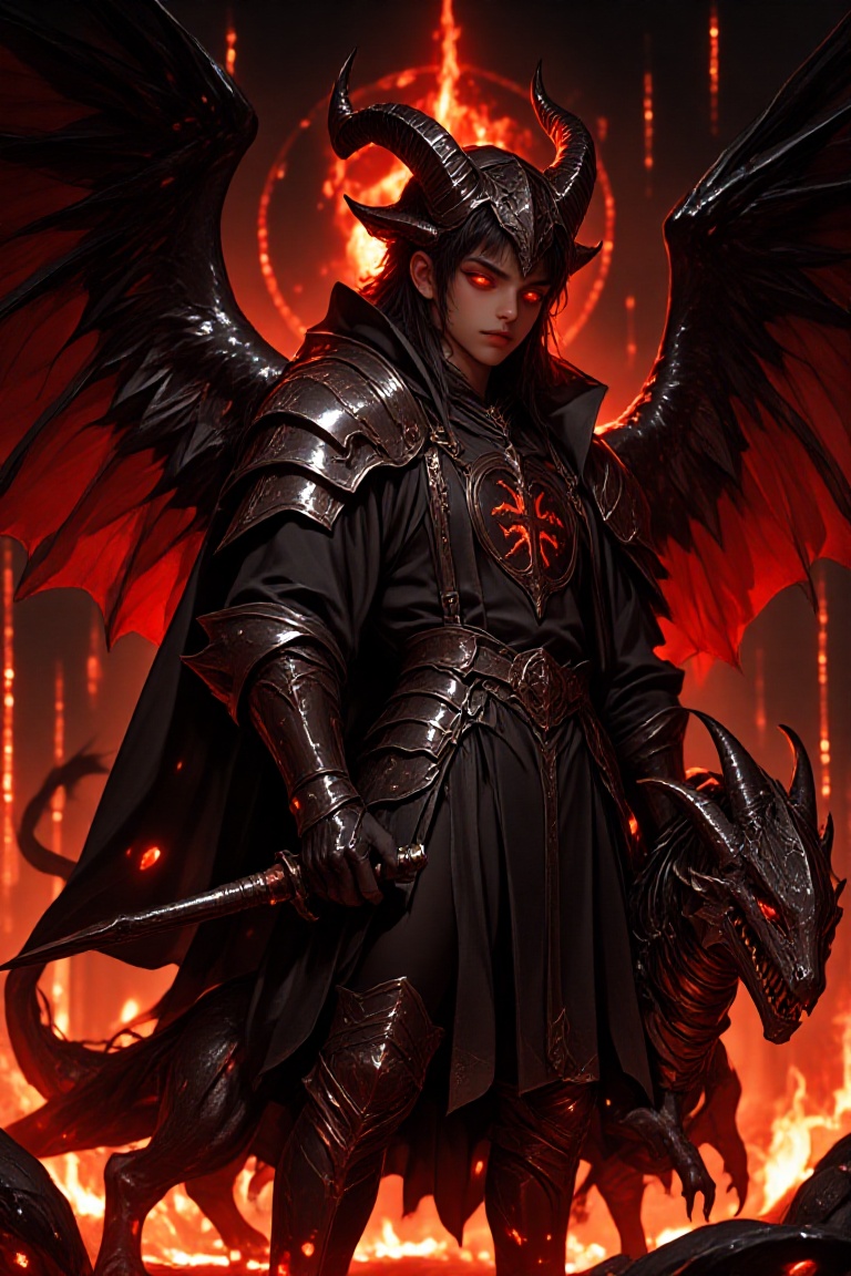 Create a vivid image of a demonic boy,  standing proudly in medieval armor,  adorned with demonic horns and tails. His eye...