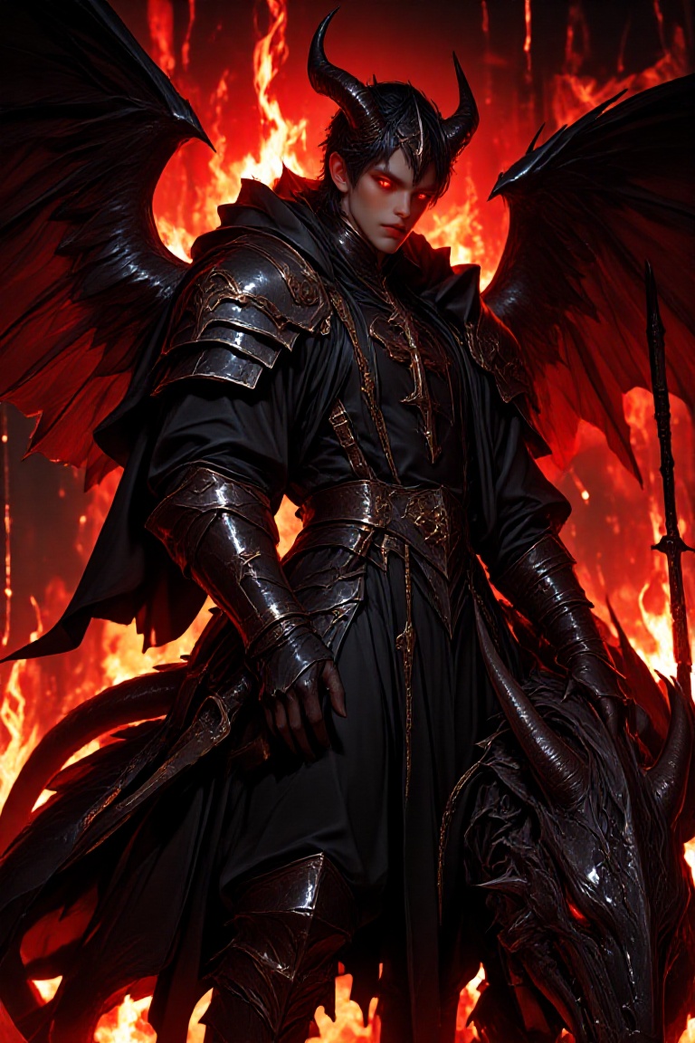 Create a vivid image of a demonic boy,  standing proudly in medieval armor,  adorned with demonic horns and tails. His eye...