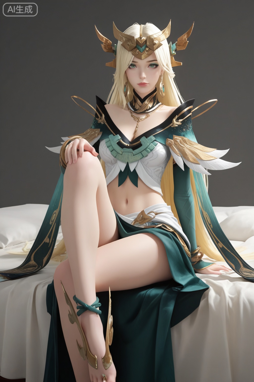 masterpiece,best quality,realistic,cinematic,detail eyes,(ultra-detailed),perfect composition,intricate details,absurdres,detailed face,high quality,high res,8K,,xh,1girl,solo,long hair,blonde hair,hair ornament,green eyes,eyeshadow,jewelry,earrings,breasts,detached collar,elbow gloves,dress,bracelet,navel,midriff, skirt,bare legs,
feet ornament,crossed legs,simple background,bed,sitting,