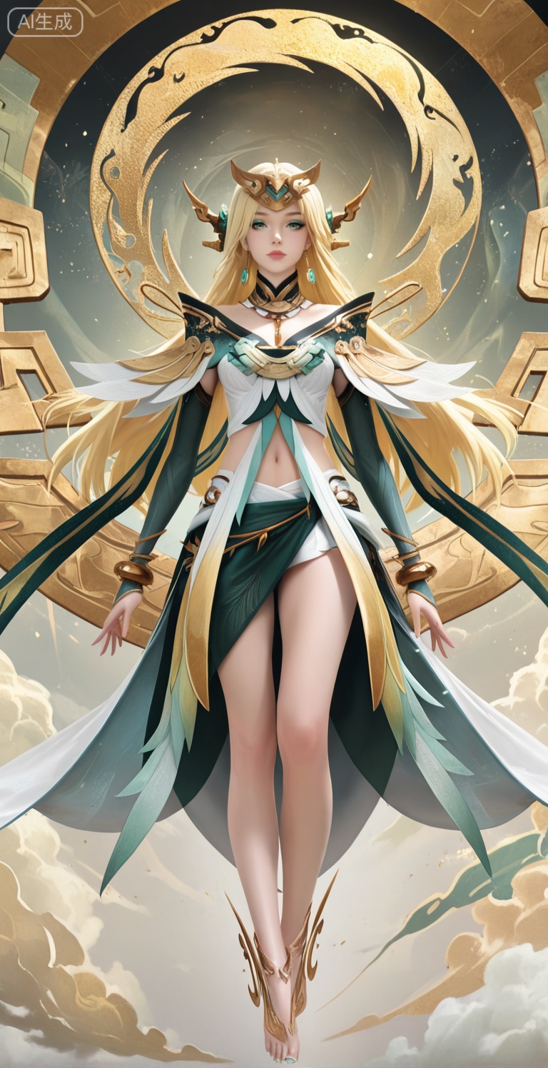 masterpiece,best quality,realistic,cinematic,detail eyes,(ultra-detailed),perfect composition,intricate details,absurdres,detailed face,high quality,high res,8K,
xh,1girl,solo,long hair,blonde hair,hair ornament,green eyes,eyeshadow,jewelry,earrings,breasts,detached collar,elbow gloves,dress,bracelet,navel,midriff, skirt,bare legs,
feet ornament,standing,seductive_pose,dynamic pose,floating,exquisite skin, full_body, looking at viewer, even illumination, very awa, Solid Glossy and cloud background,,simple background


