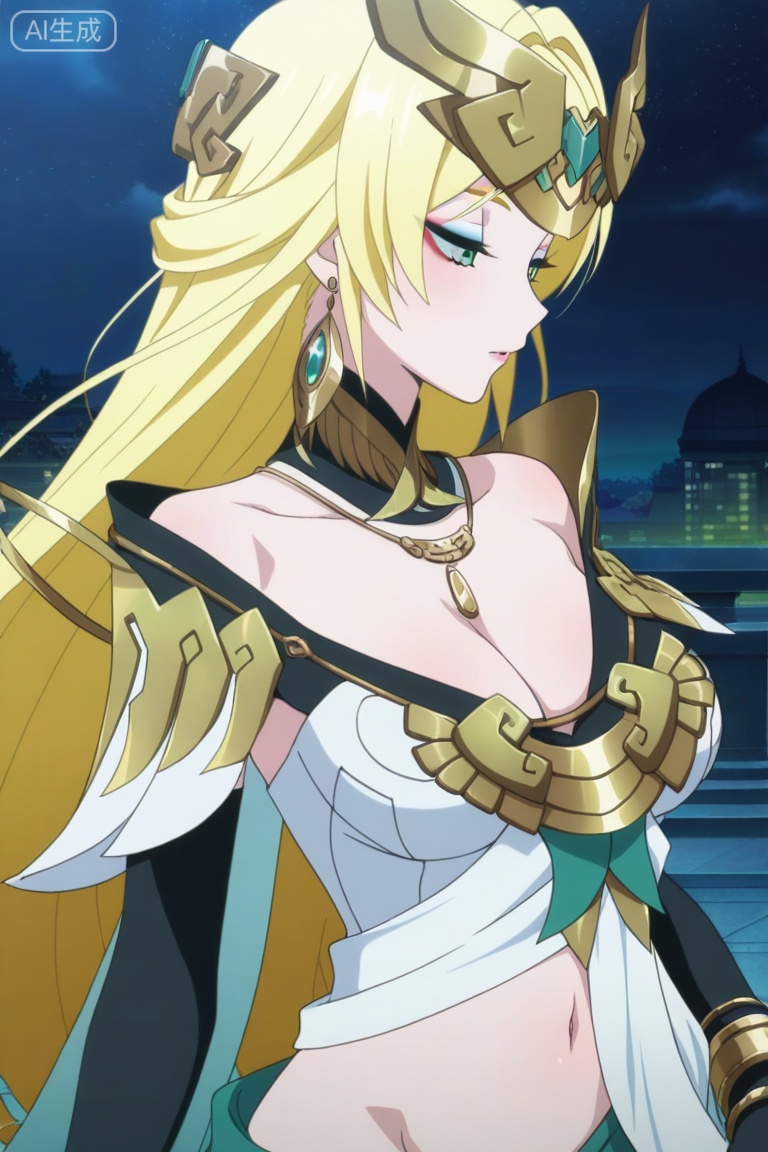 anime screencap,anime coloring, illustration,masterpiece,best quality,very aesthetic,amazing quality,
nsfw,
xh,1girl,solo,long hair,blonde hair,hair ornament,green eyes,eyeshadow,jewelry,earrings,breasts,detached collar,elbow gloves,dress,bracelet,navel,midriff, ,,,upper body,cleavage ,groin,bare one shoulder,partially undressed,


seductive_pose
