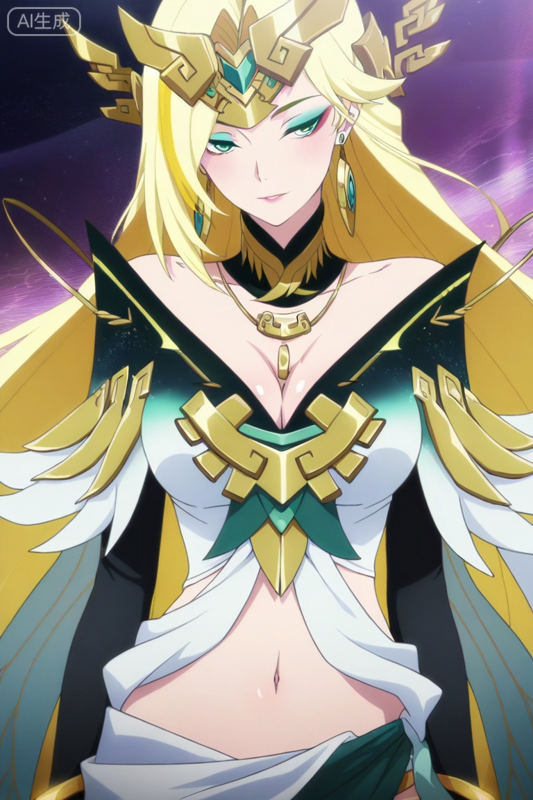 anime screencap,anime coloring, illustration,masterpiece,best quality,very aesthetic,amazing quality,
nsfw,
xh,1girl,solo,long hair,blonde hair,hair ornament,green eyes,eyeshadow,jewelry,earrings,breasts,detached collar,elbow gloves,dress,bracelet,navel,midriff, ,,,upper body,cleavage ,


seductive_pose
